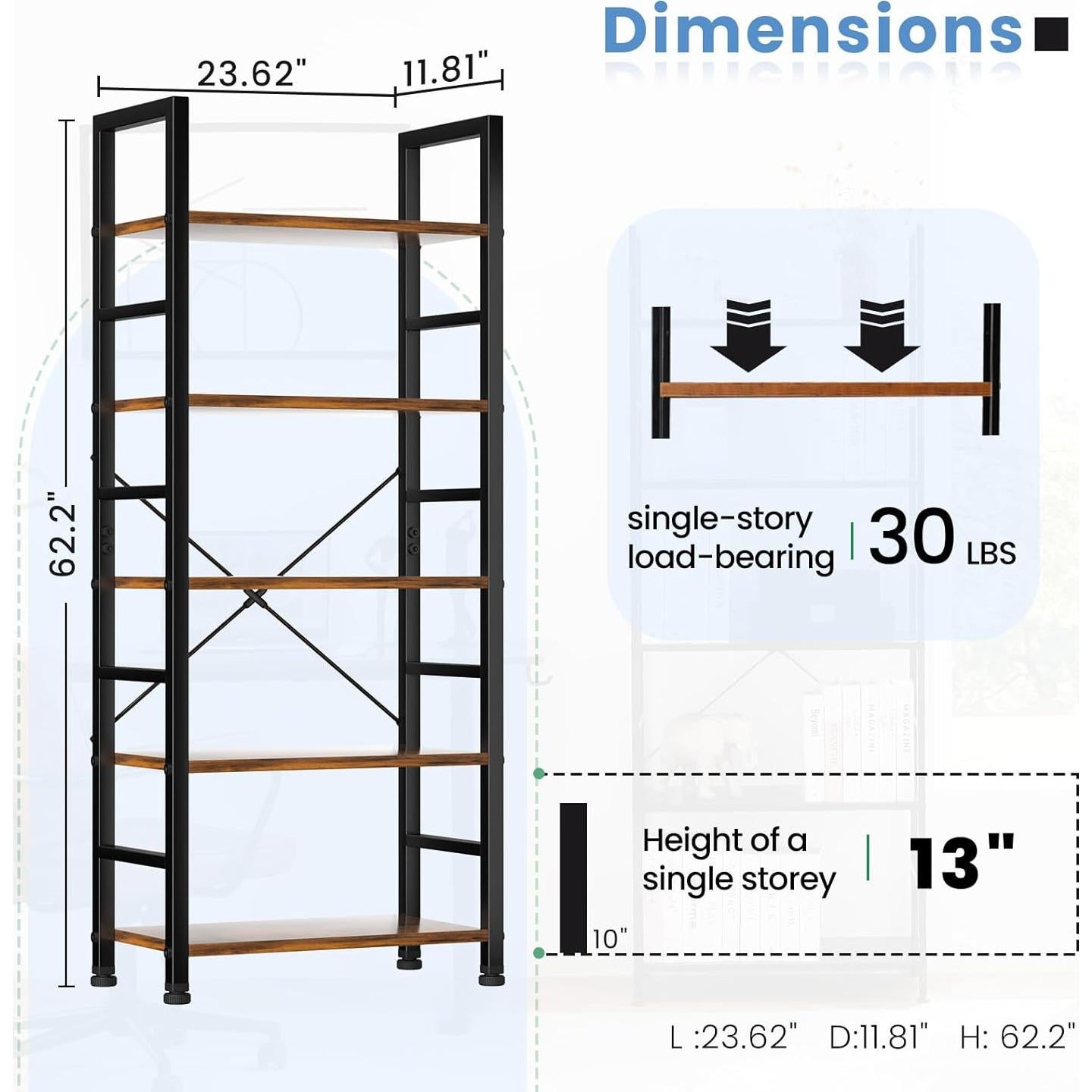 Estantería DUMOS 5 Niveles Marrón Rústico 30x60x158 cm
