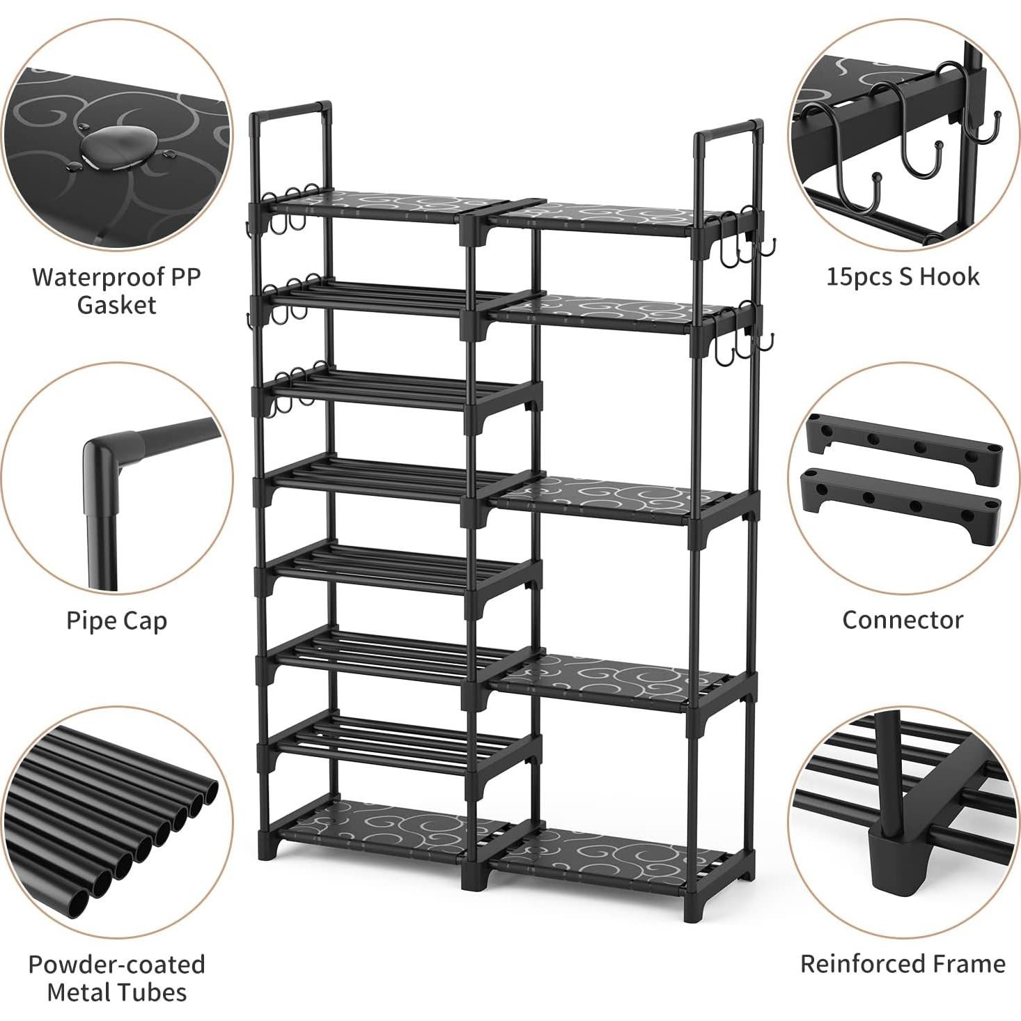 Estante de Zapatos ROJASOP 8 Niveles Metal Negro 30-32 Pares