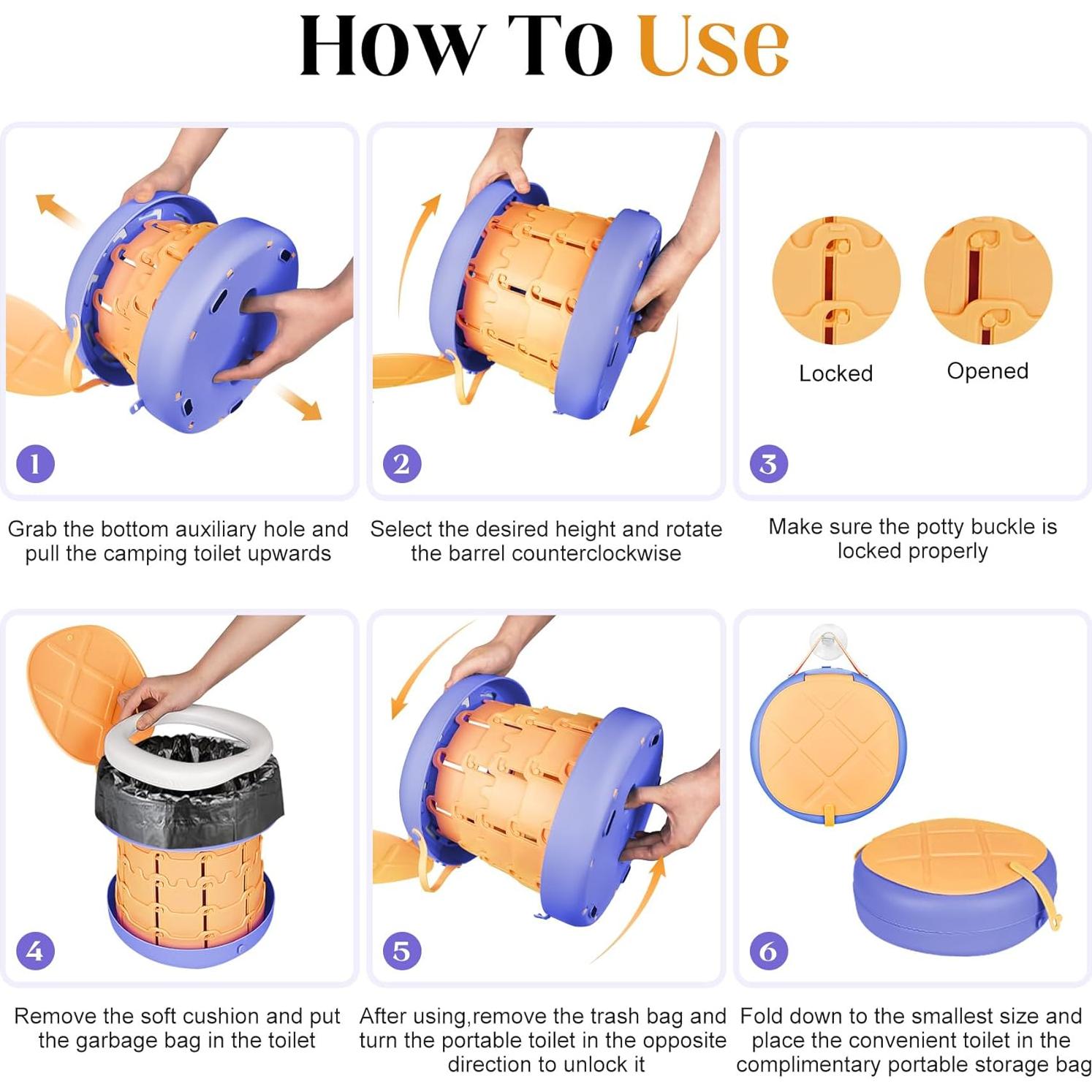 Inodoro Portátil Camping Inmorven Ajustable 10.5" Amarillo/Púrpura