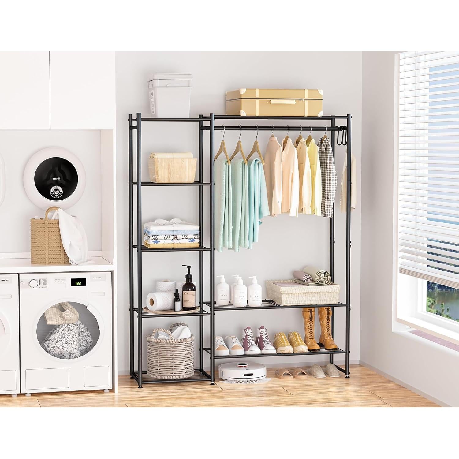 Perchero portátil Neprock con 4 estantes, Negro, 121x30x162 cm