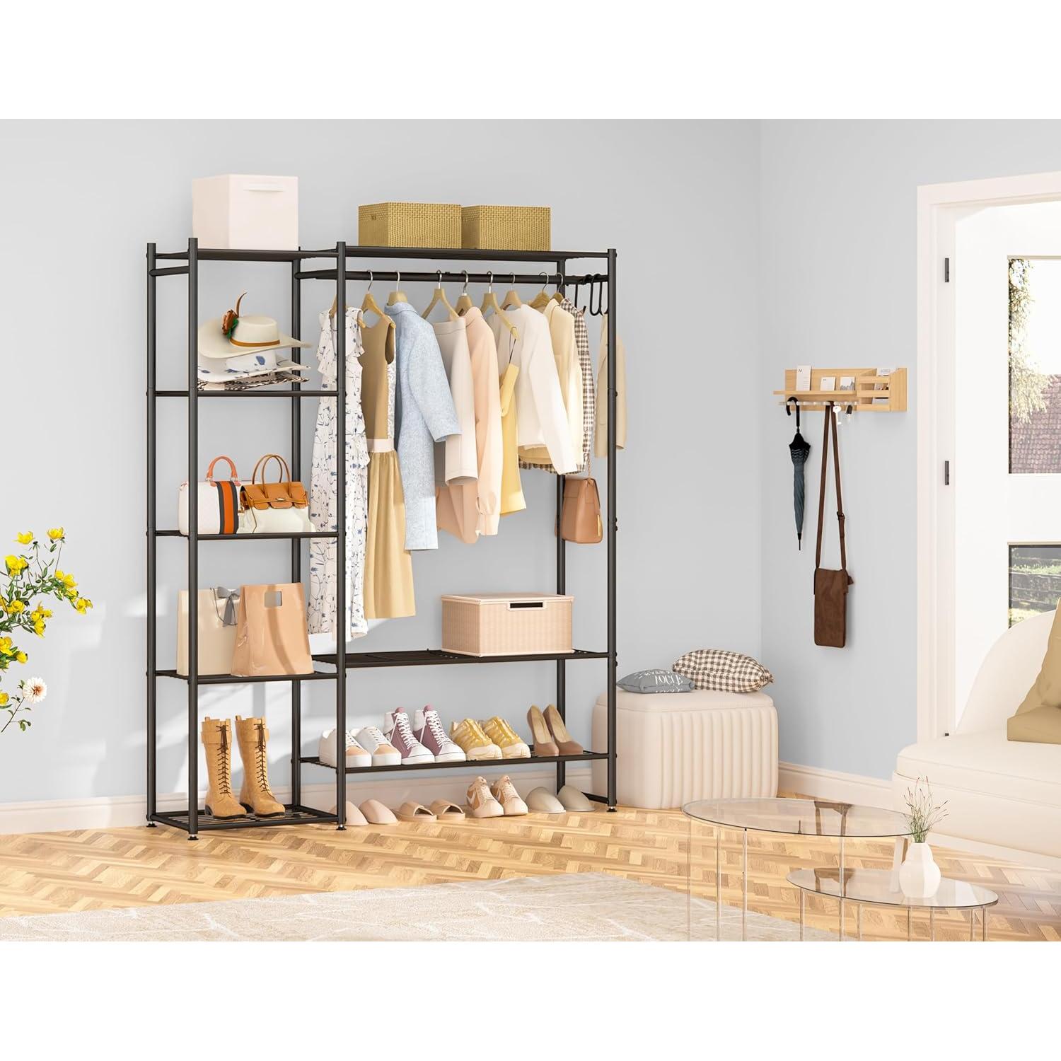 Perchero portátil Neprock con 4 estantes, Negro, 121x30x162 cm