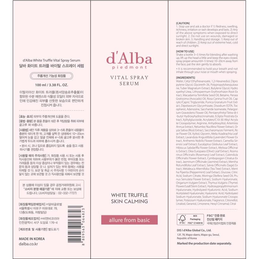 Suero Vital Bruma Facial D'Alba Trufa Blanca 150ml