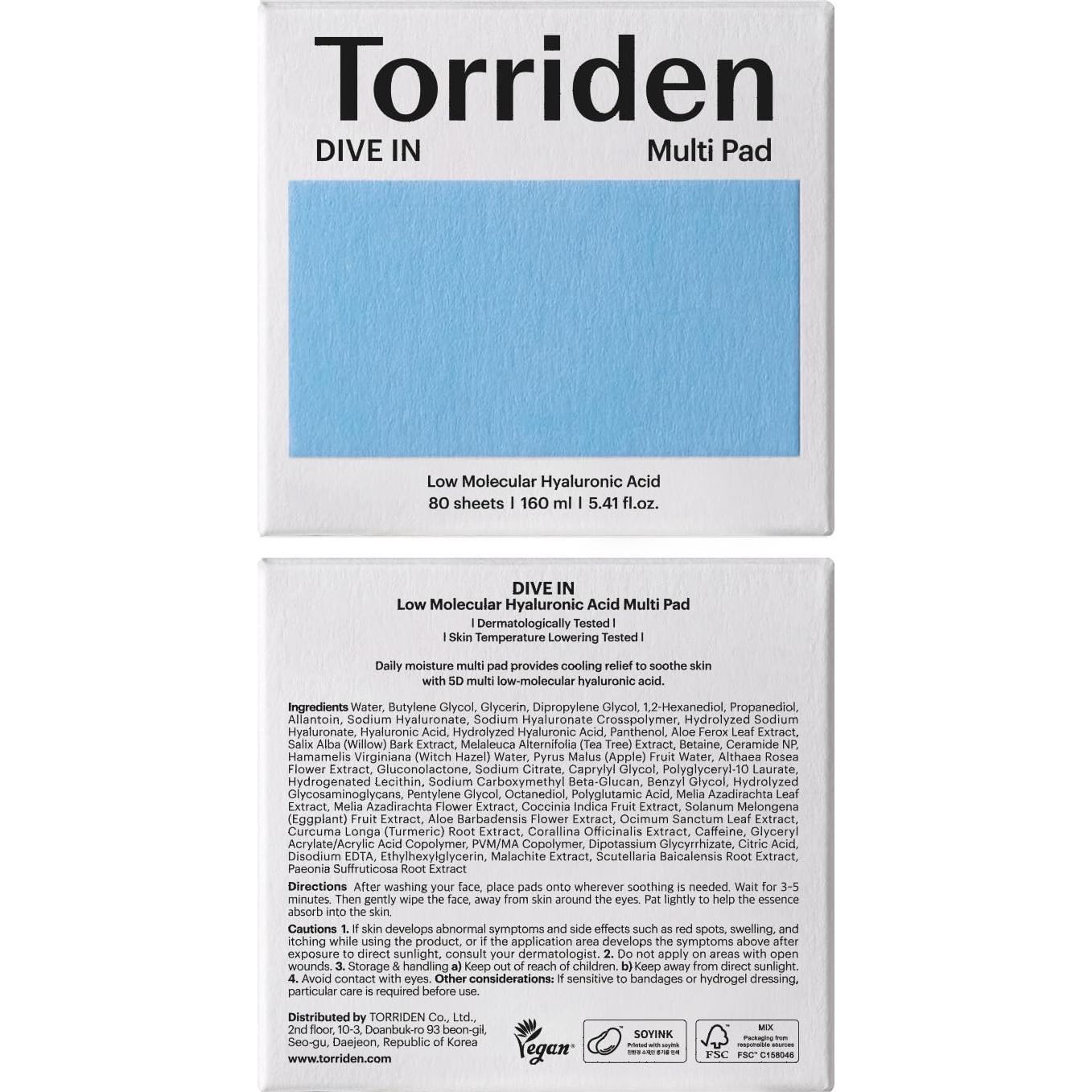 Torriden DIVE IN Almohadillas Faciales 80 Pads Ácido Hialurónico