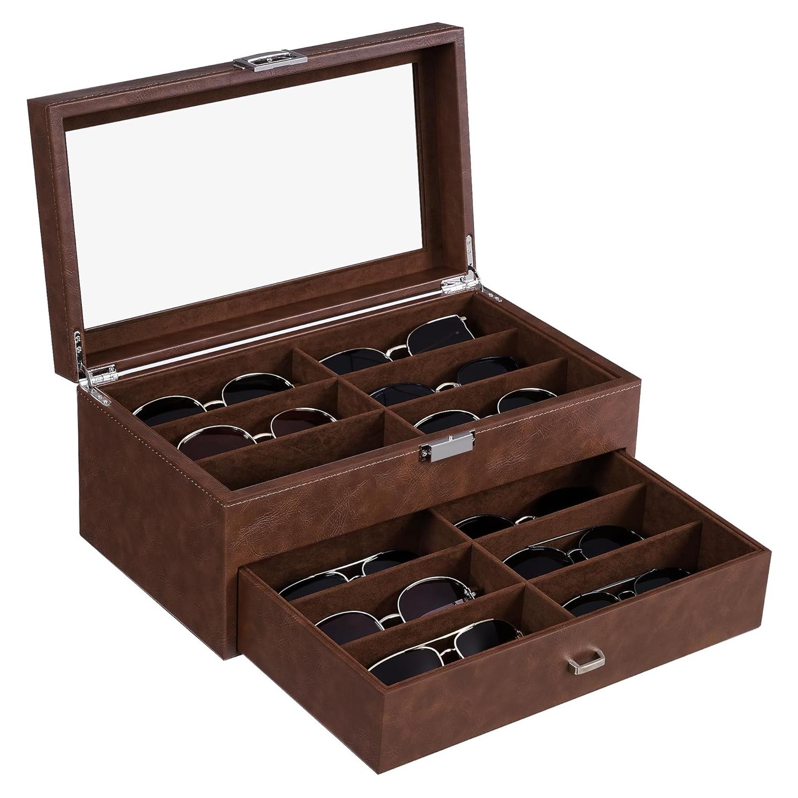 Organizador de Gafas BEWISHOME 12 Compartimentos Cuero Marrón