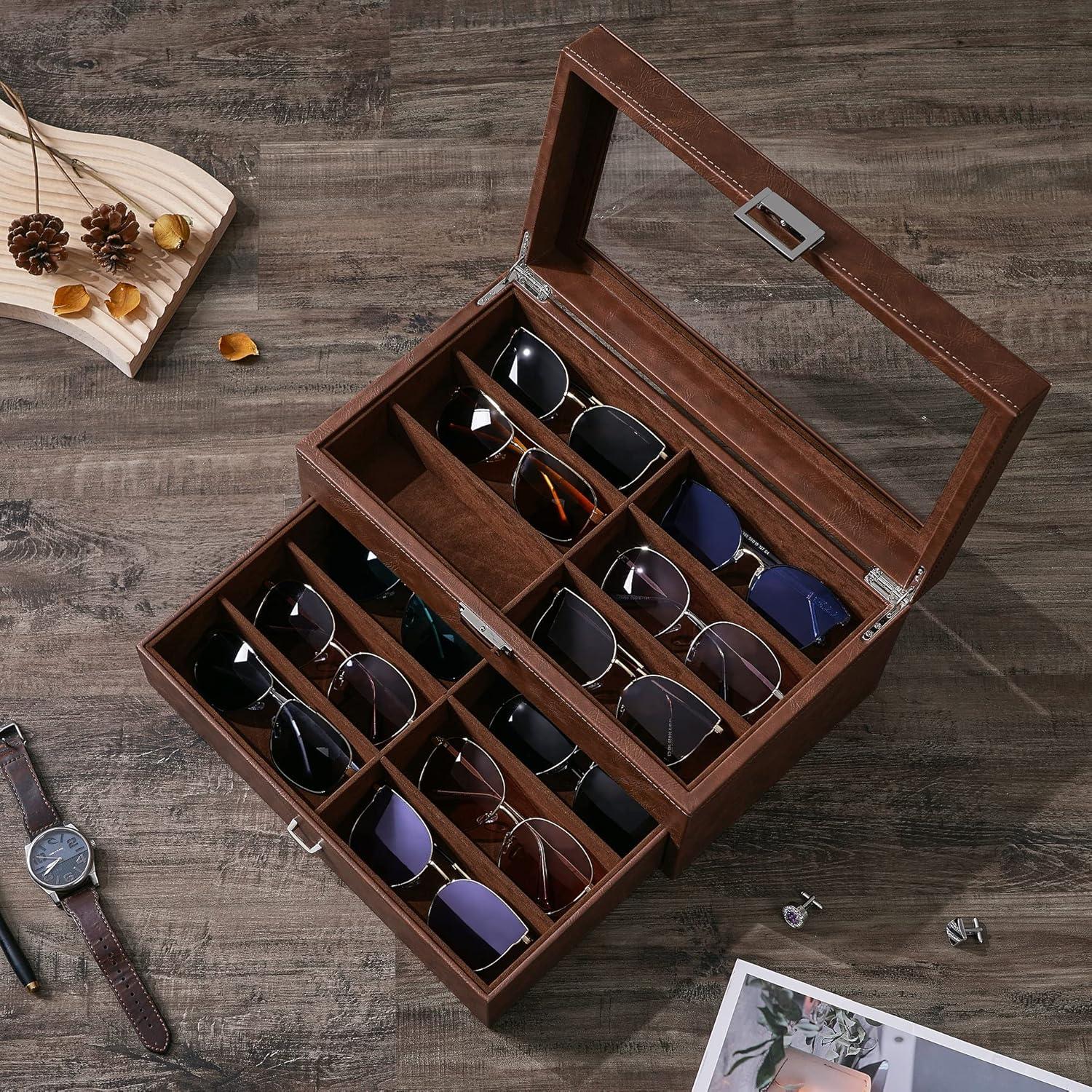 Organizador de Gafas BEWISHOME 12 Compartimentos Cuero Marrón