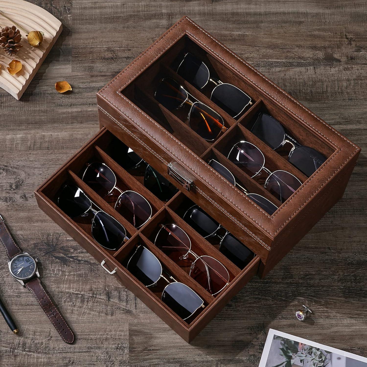 Organizador de Gafas BEWISHOME 12 Compartimentos Cuero Marrón