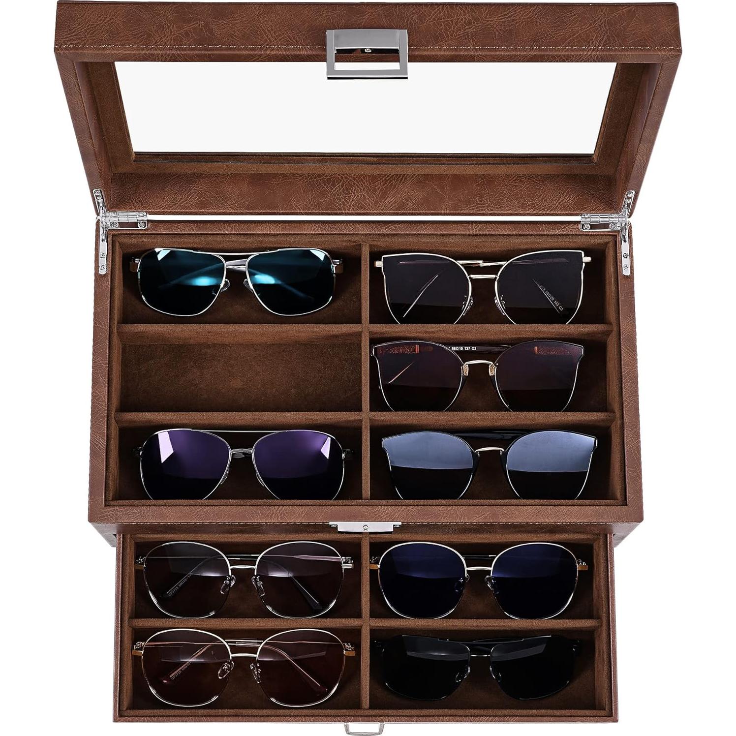 Organizador de Gafas BEWISHOME 12 Compartimentos Cuero Marrón