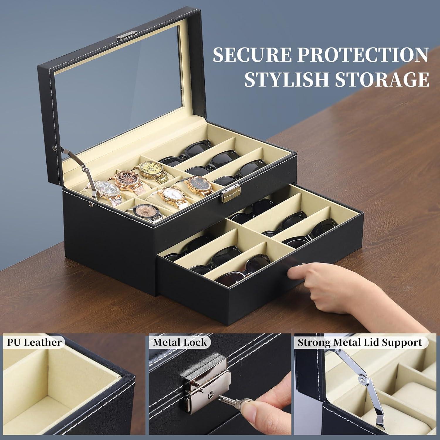 Caja de Relojes y Gafas AUTOARK 15 Compartimentos Negro