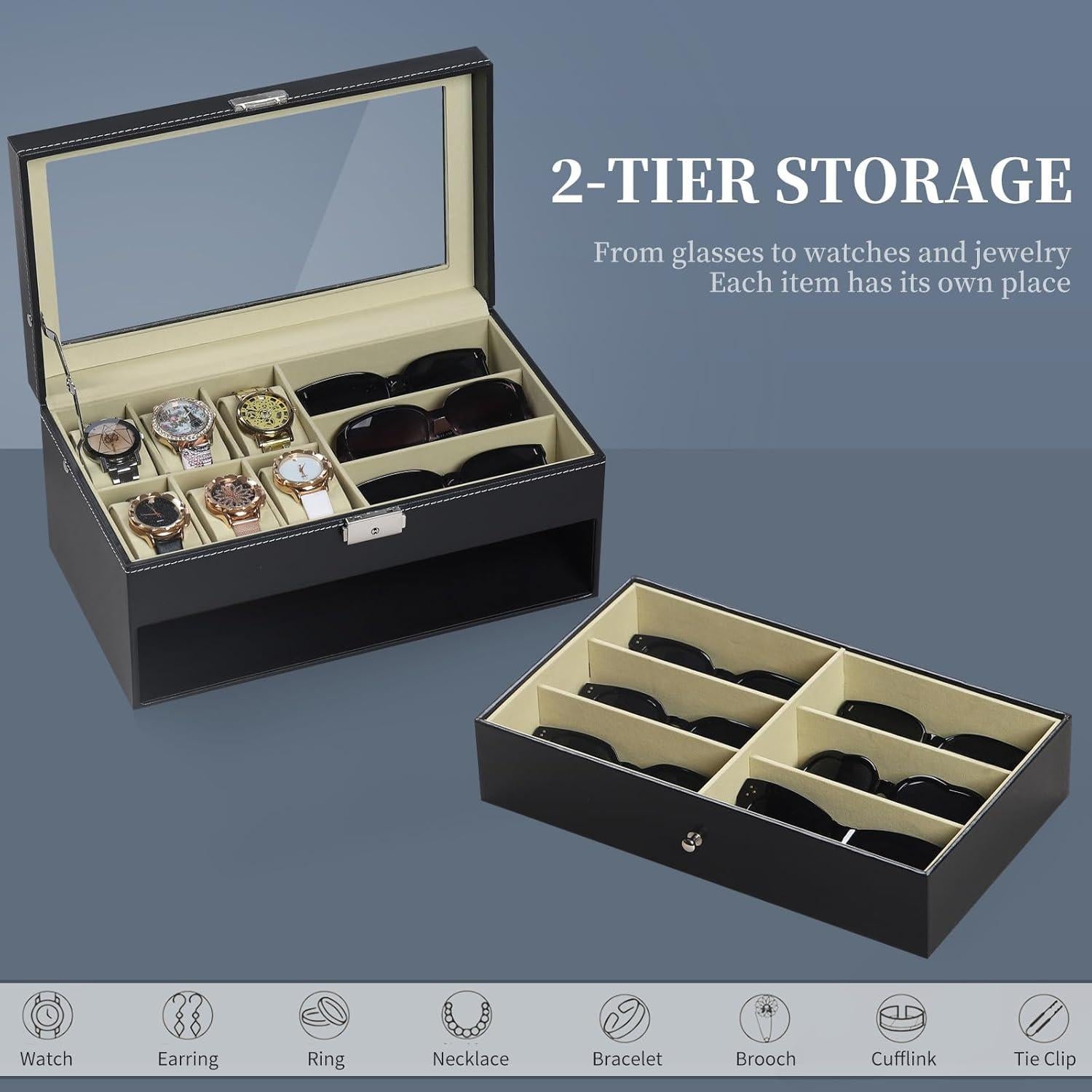 Caja de Relojes y Gafas AUTOARK 15 Compartimentos Negro