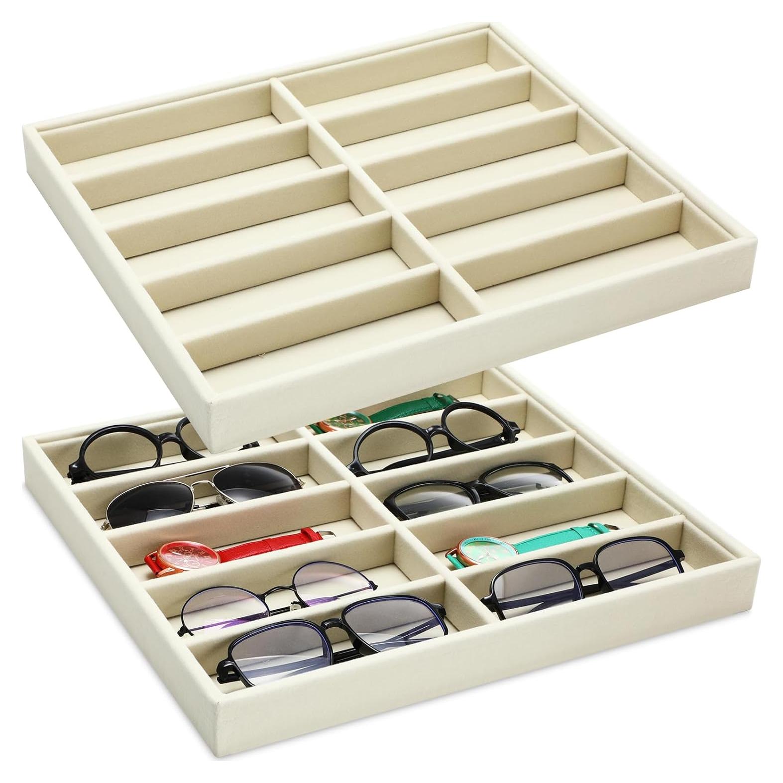 Organizador de Gafas Batiyeer 10 Rejillas Terciopelo Blanco 2 Pcs
