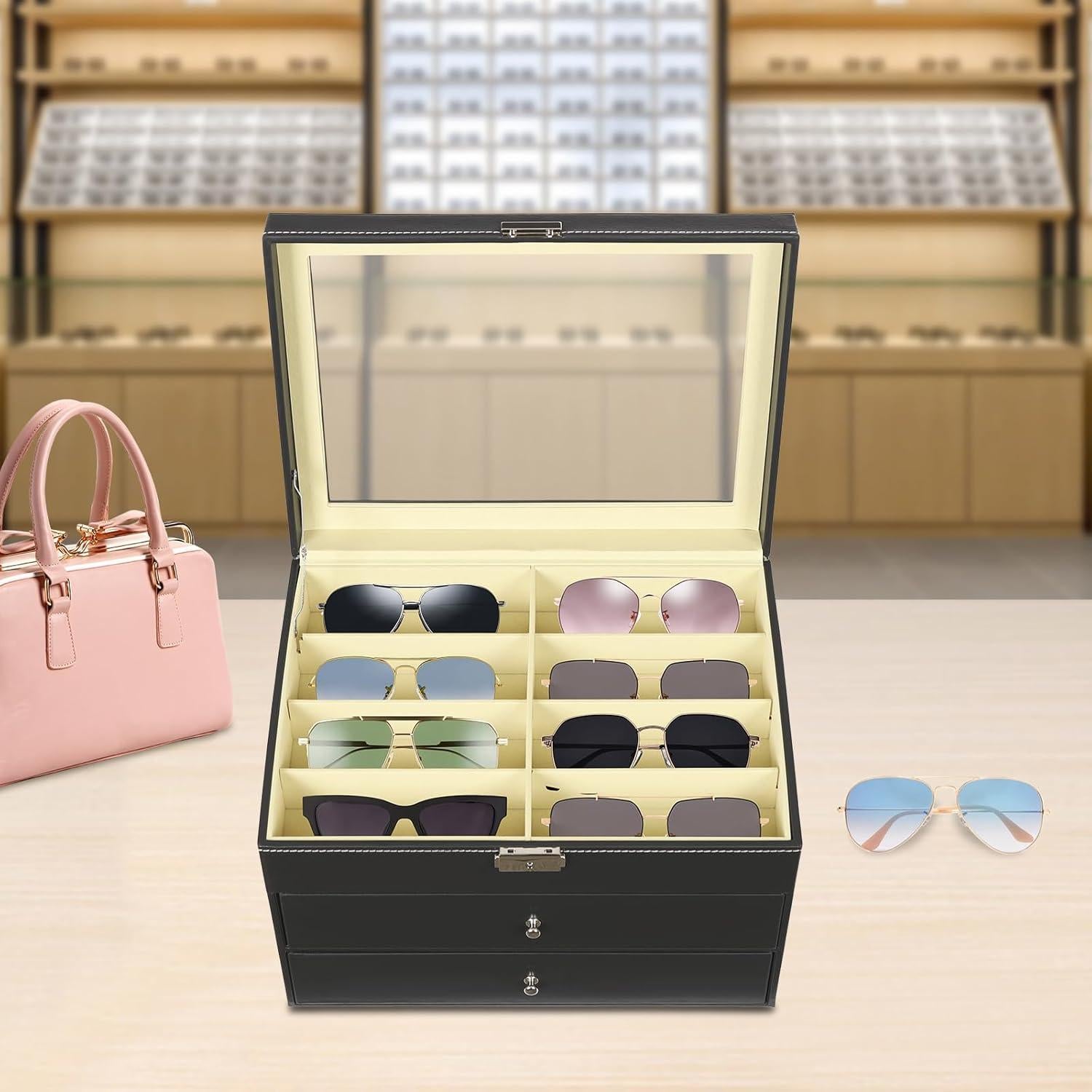 Organizador de Gafas de Sol Negro FSLM con Tapa de Vidrio