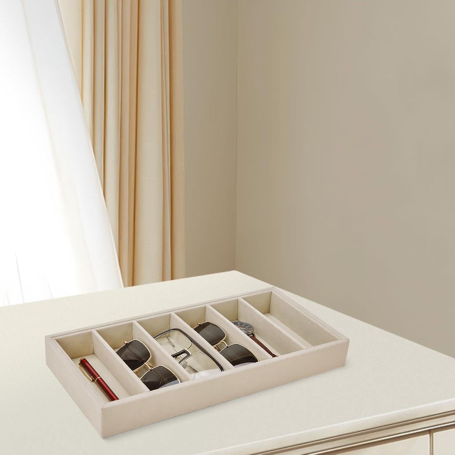 Organizador de Gafas XCRUI 6 Compartimentos Terciopelo Beige