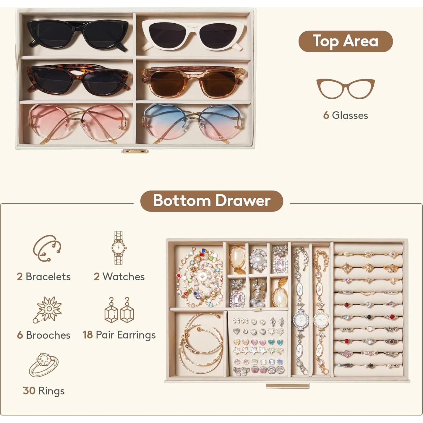 Caja de Joyería Lifewit 2 Capas Organizador Gafas 6 Compartimentos