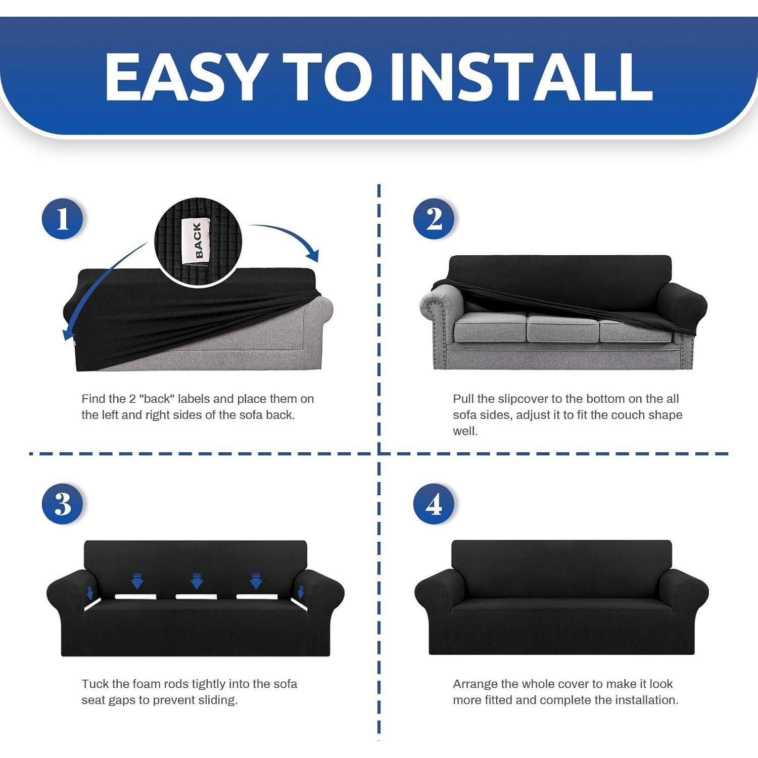 Funda de Sofá Stretch KEKUOU Grande Negra 198-238 cm