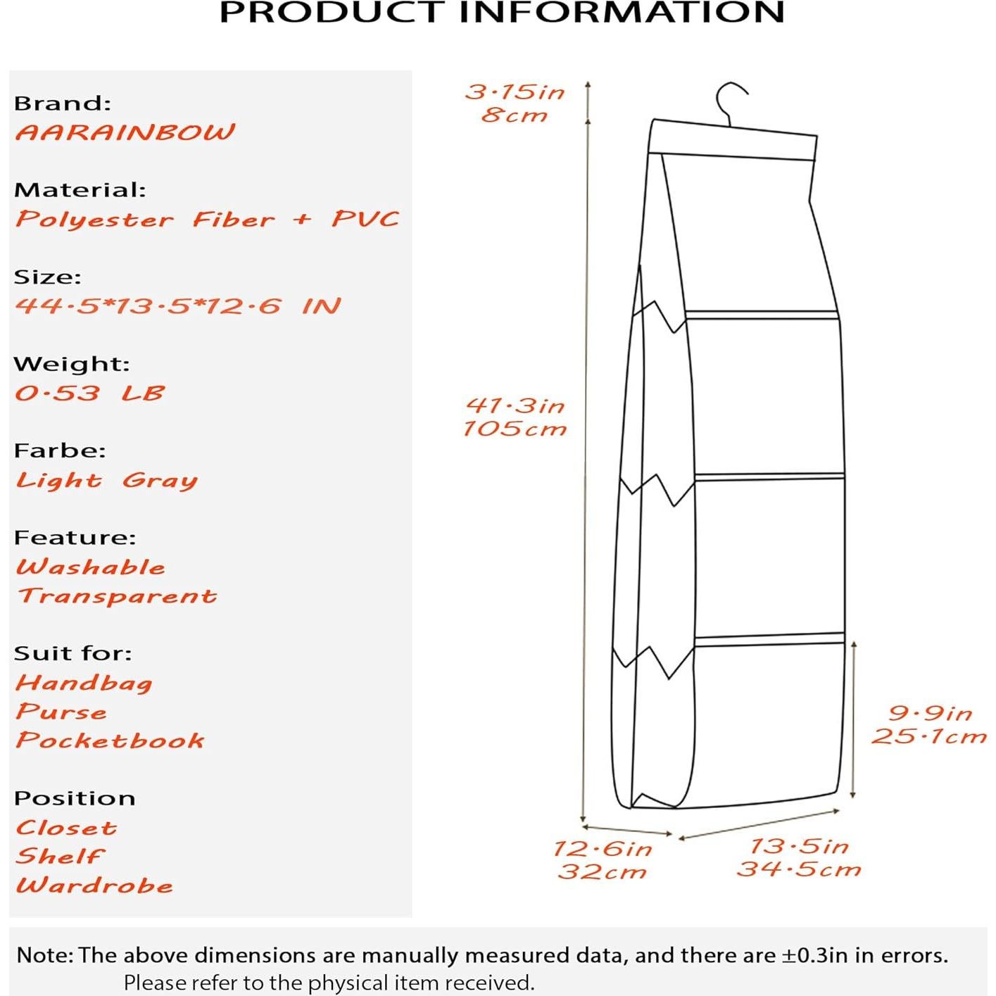 Organizador de Bolsos Colgante AARAINBOW 8 Bolsillos Gris