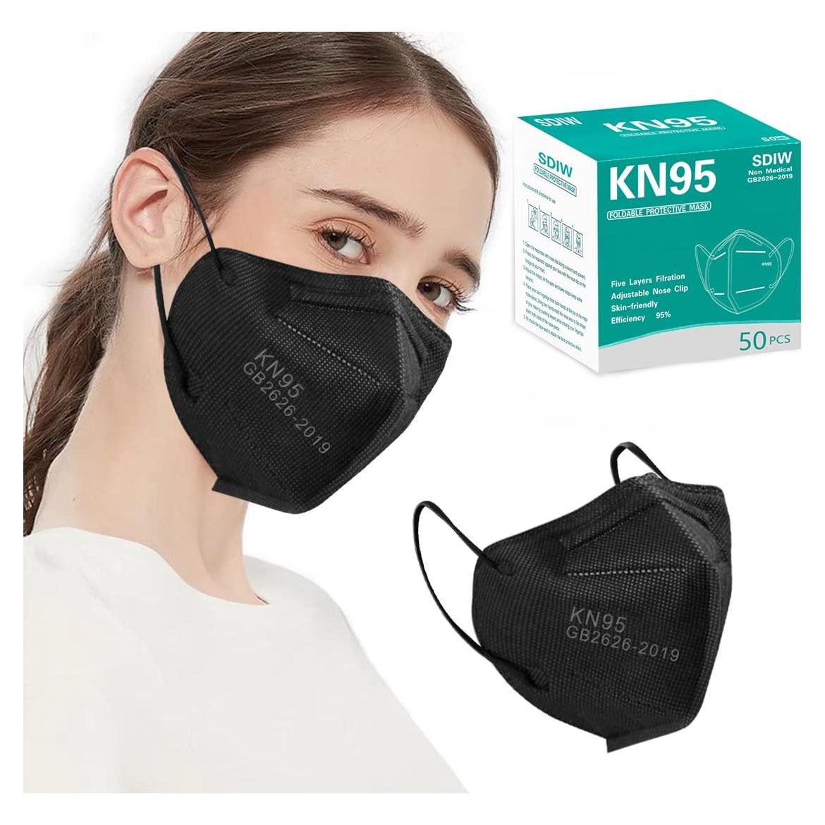 Mascarillas KN95 Negras 50PCS 5 Capas Filtro Eficiente 95%