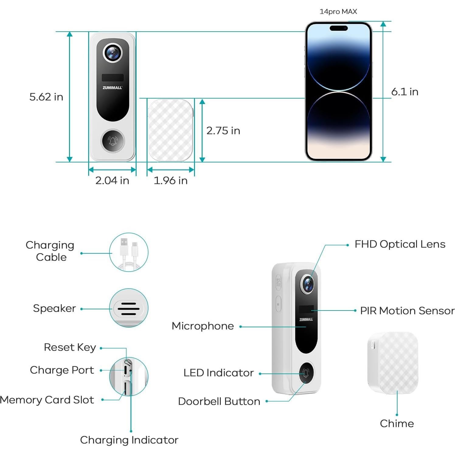 Cámara de Timbre ZUMIMALL Inalámbrica 2K con Audio Bidireccional