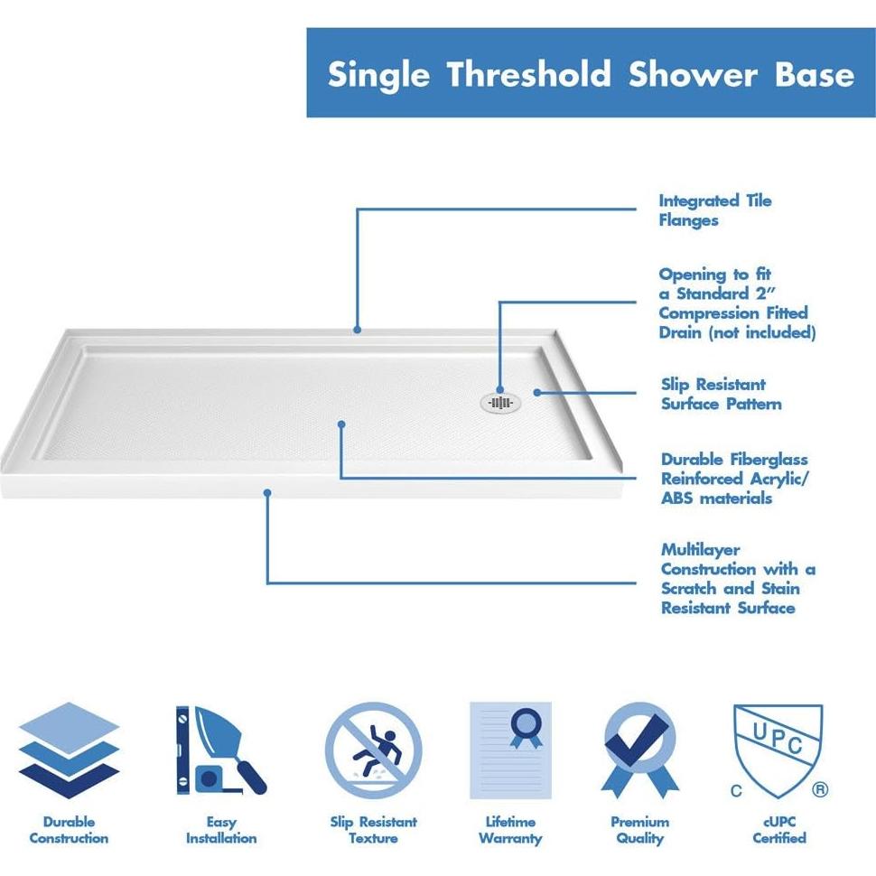 Base de Ducha DreamLine SlimLine 91.44x152.4 cm Blanco Drenaje Derecho