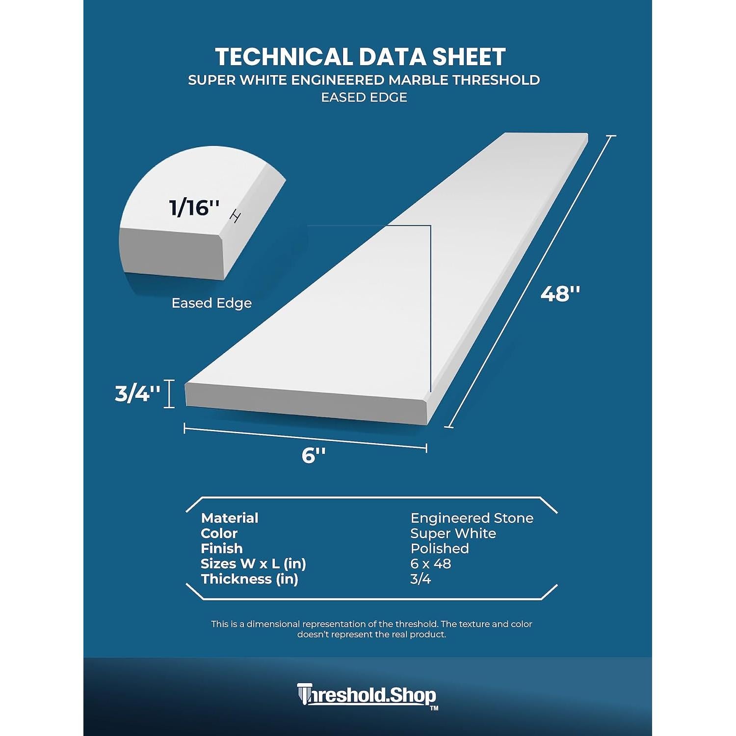 Umbral de Ducha Mármol Ingenierizado Blanco 9,07 kg 48x18 cm