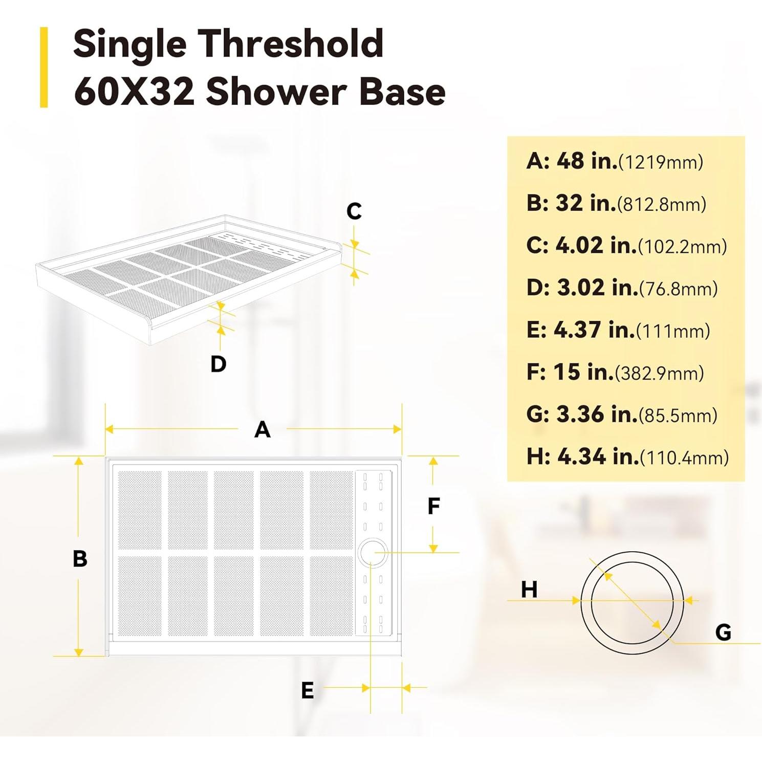 Base de Ducha Sunrosa 121,9x81,3 cm Drenaje Derecho Antideslizante