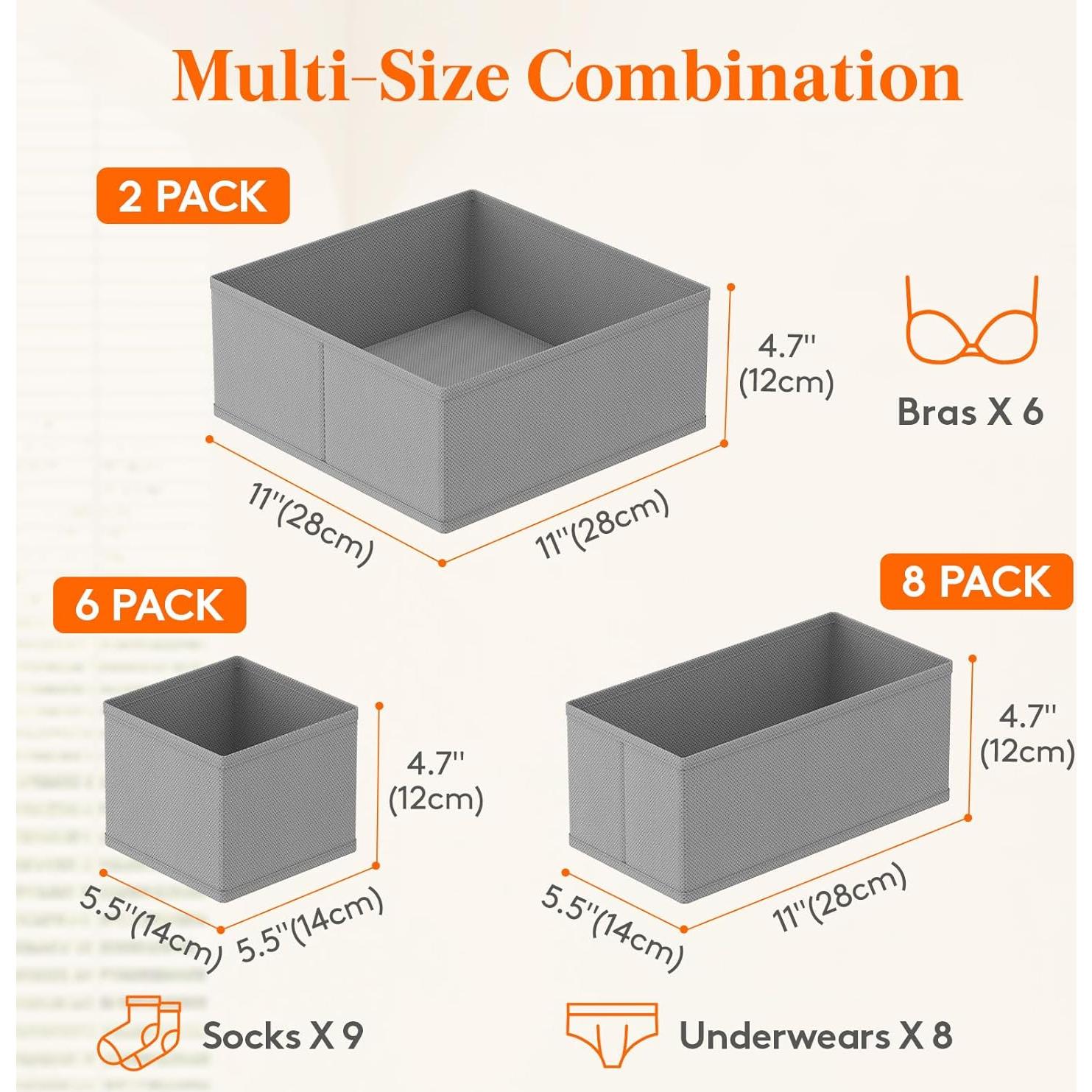 Organizador de Cajones Lifewit 16 Piezas Tela Gris 3 Tamaños