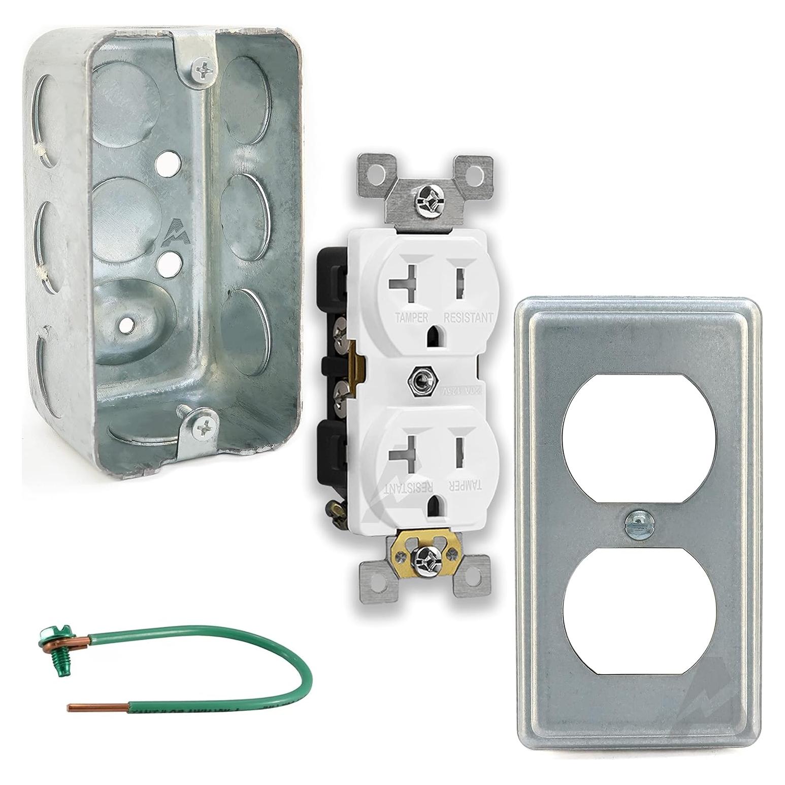 Outlet Box Kit, 2x4'' Utility Electrical Box, Duplex Receptacle 2x4'' Cover, Tamper Resistant 20 Amp Duplex Receptacle Outlet, Green Pigtail Grounding Wire and Screw, Ten 1/2'' Knockouts