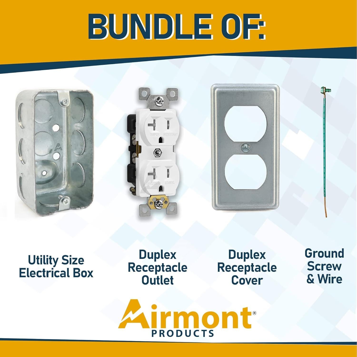 Outlet Box Kit, 2x4'' Utility Electrical Box, Duplex Receptacle 2x4'' Cover, Tamper Resistant 20 Amp Duplex Receptacle Outlet, Green Pigtail Grounding Wire and Screw, Ten 1/2'' Knockouts