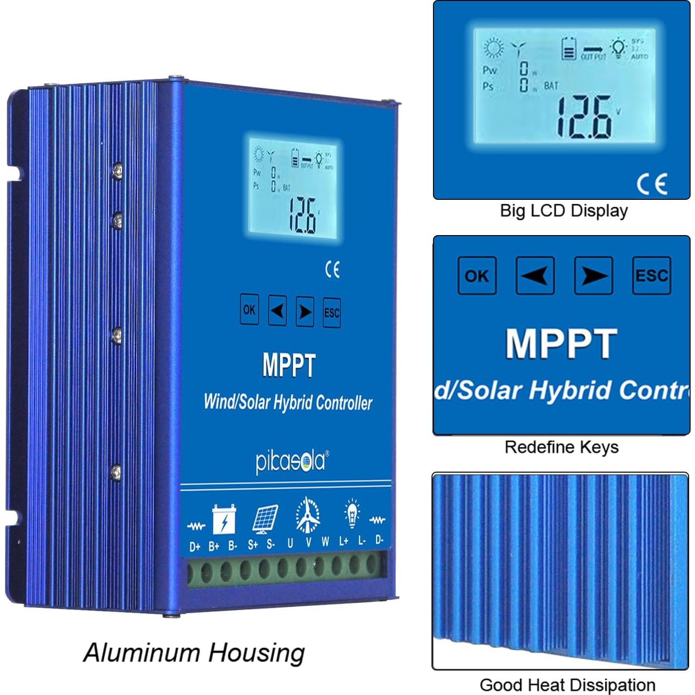 Controlador Híbrido PIKASOLA 1400W Solar y Eólico 12/24V