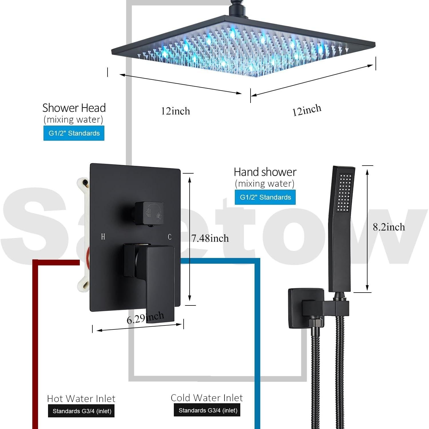 Sistema de Ducha 12" LED Saetow Negro Mate Completo