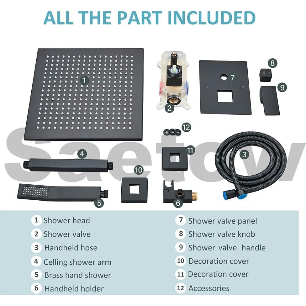 Sistema de Ducha 12" LED Saetow Negro Mate Completo