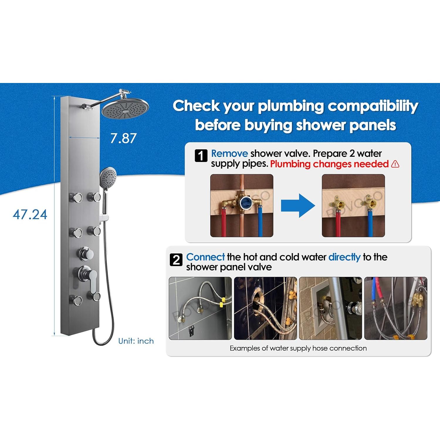 Panel de Ducha ROVOGO Acero Inoxidable 304 6 Jets 20 cm