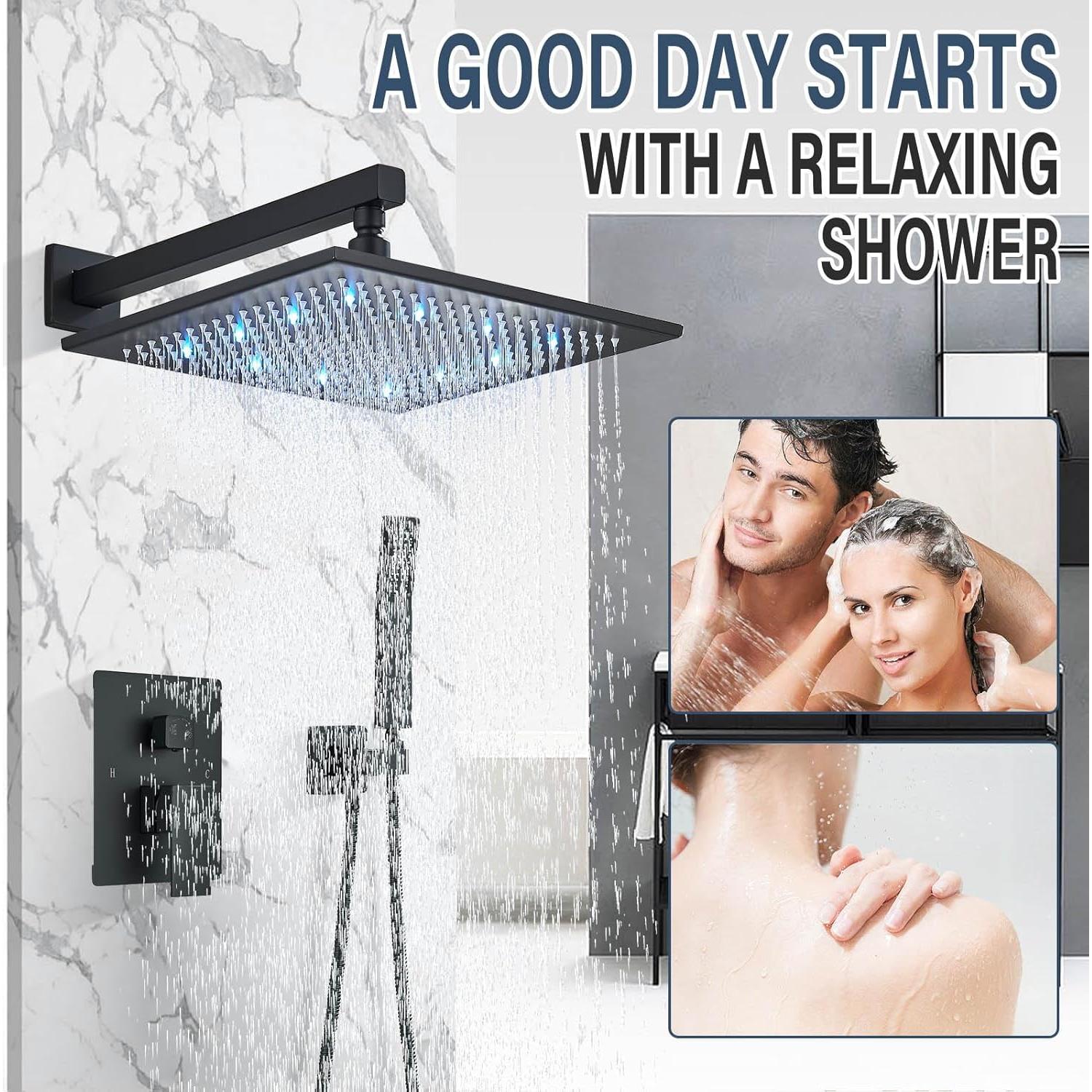 Cabezal de Ducha de Lluvia LED 30.5cm Saeuwtowy Negro Mate