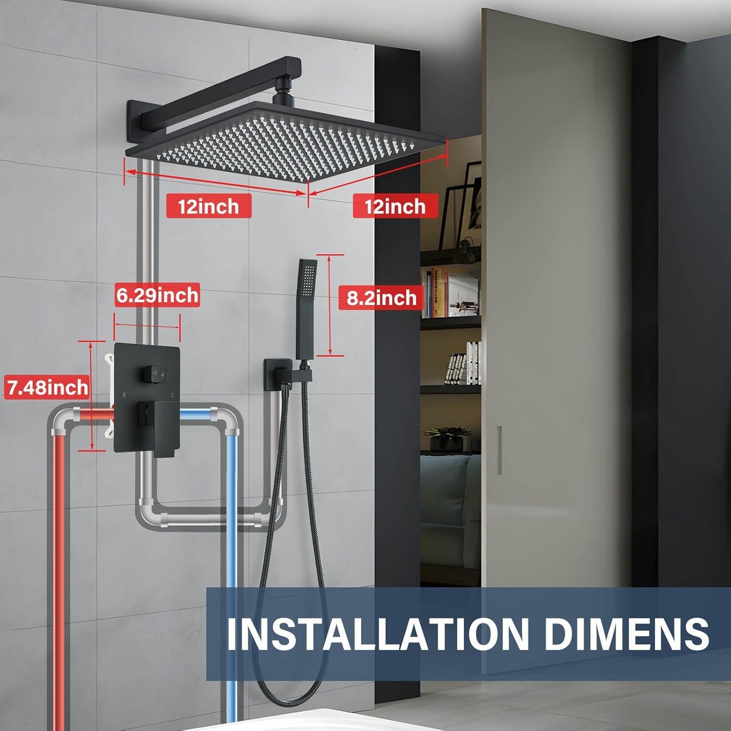 Cabezal de Ducha de Lluvia LED 30.5cm Saeuwtowy Negro Mate