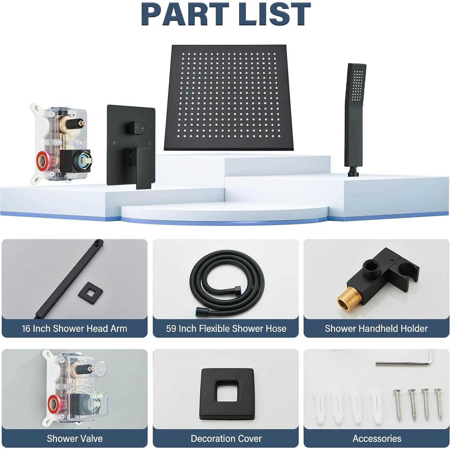 Cabezal de Ducha de Lluvia LED 30.5cm Saeuwtowy Negro Mate