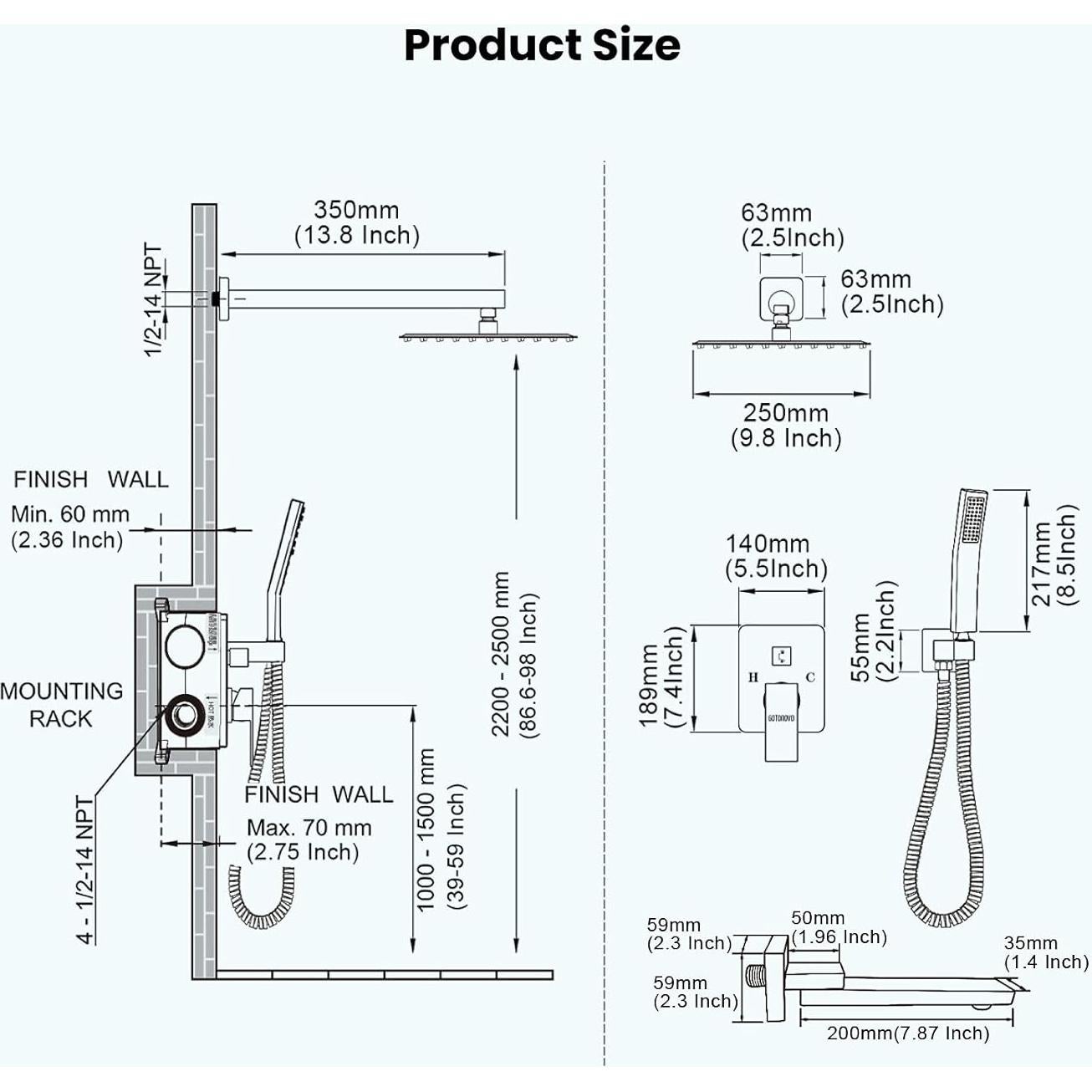 Ducha de Lujo gotonovo 10" (25,4 cm) 3 Funciones Montaje Pared
