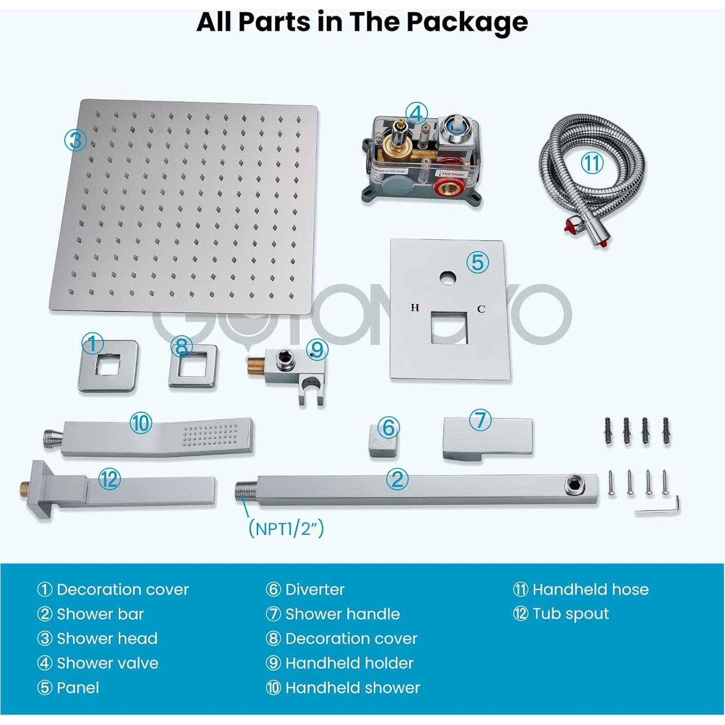 Ducha de Lujo gotonovo 10" (25,4 cm) 3 Funciones Montaje Pared
