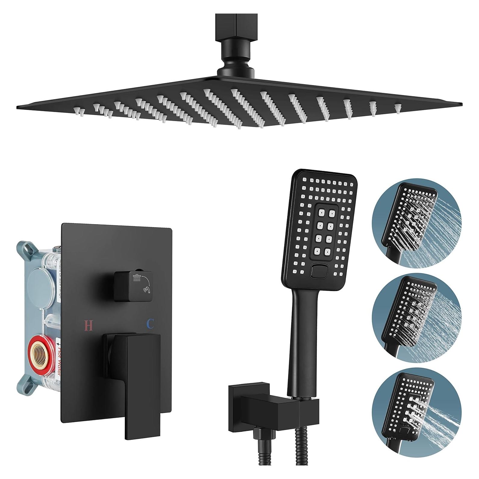 Sistema de Ducha Aolemi Negro Mate 12 Pulgadas Montaje Techo