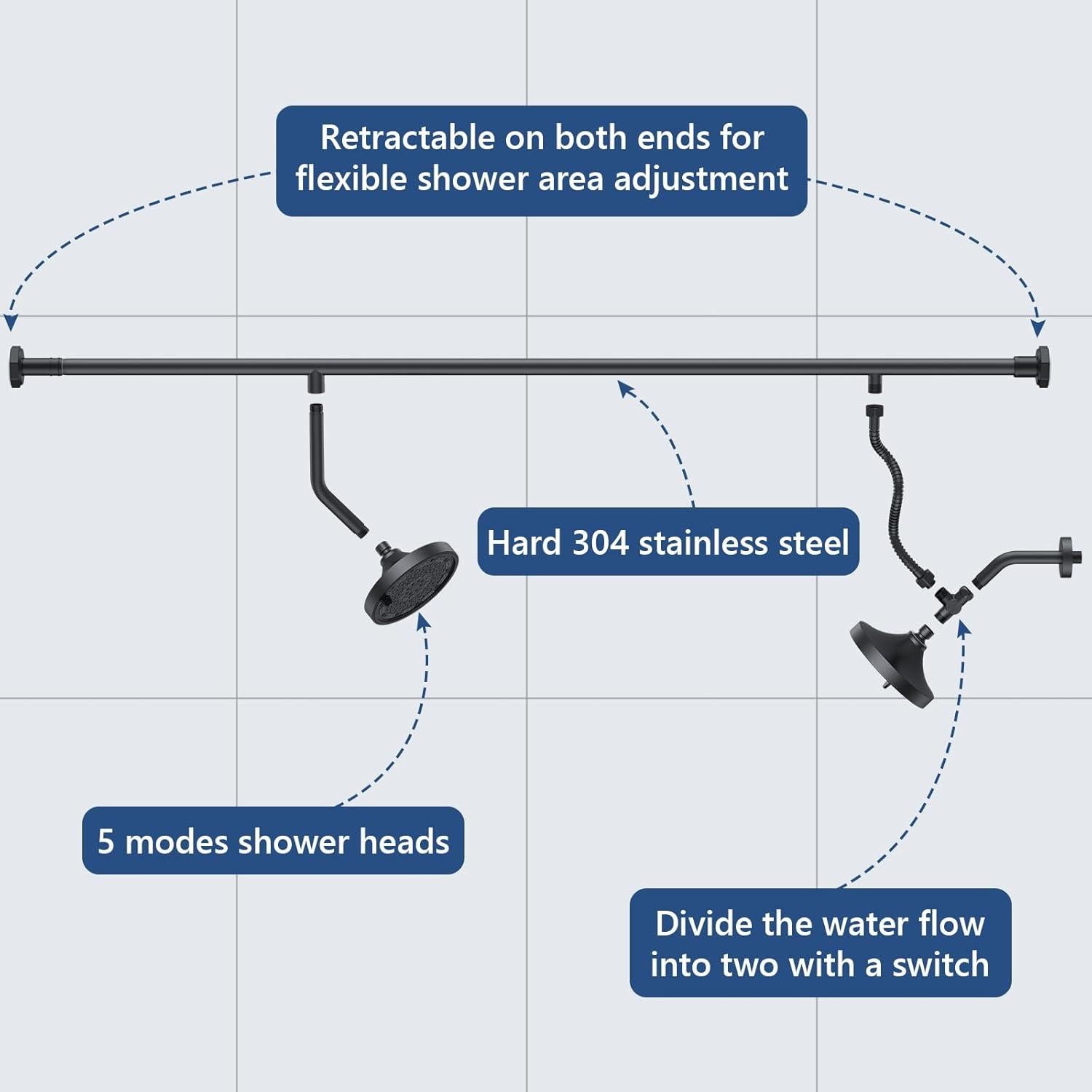 Cabezal de Ducha Doble Bntuk 6" Alta Presión Negro Mate