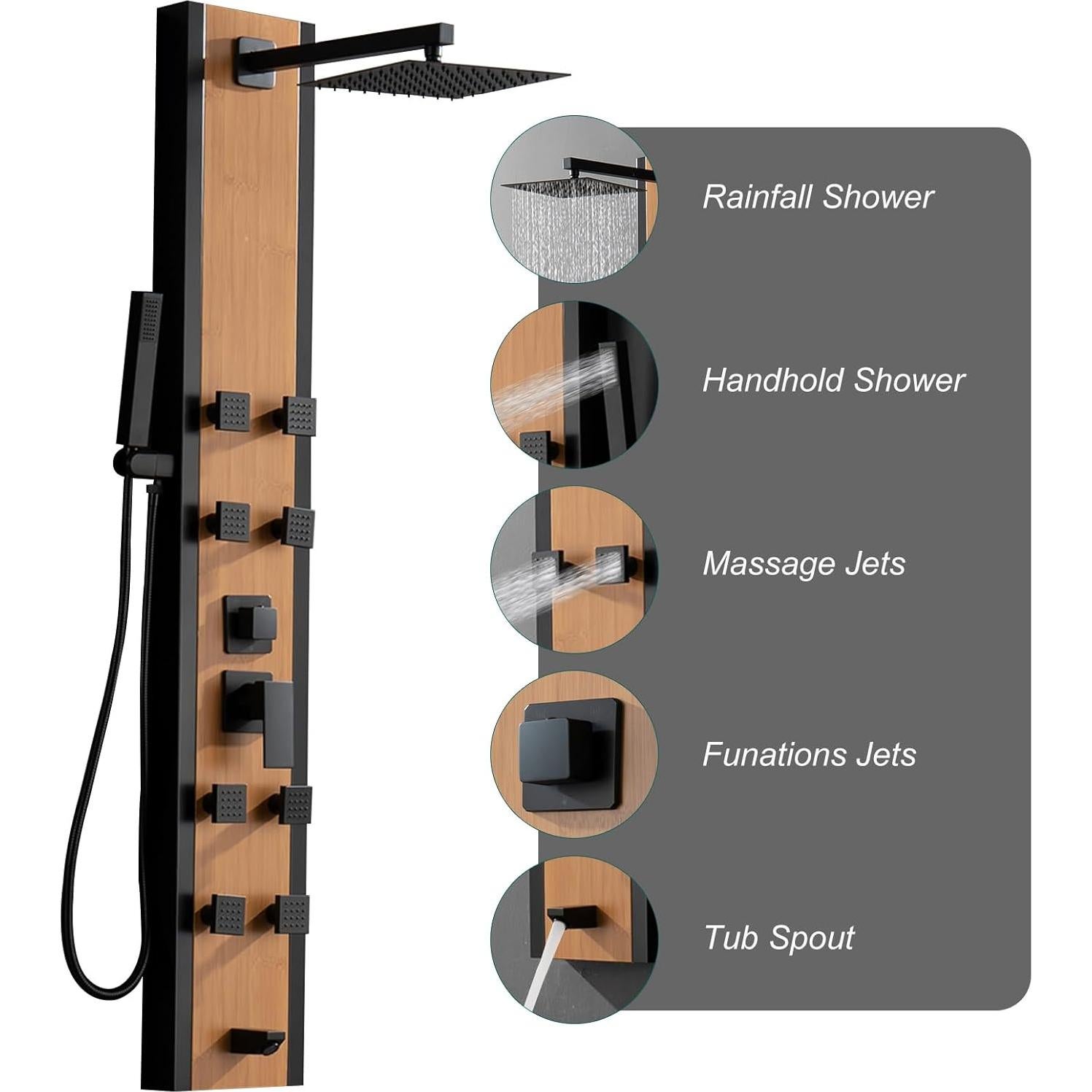 Panel de Ducha BWE Acero Inoxidable 8 Jets Negro y Bambú