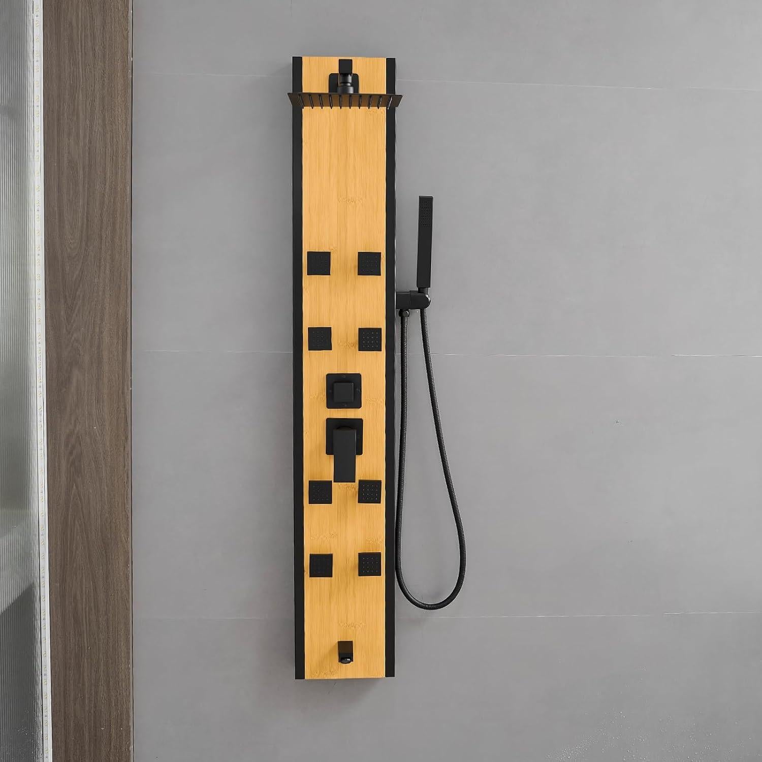 Panel de Ducha BWE Acero Inoxidable 8 Jets Negro y Bambú