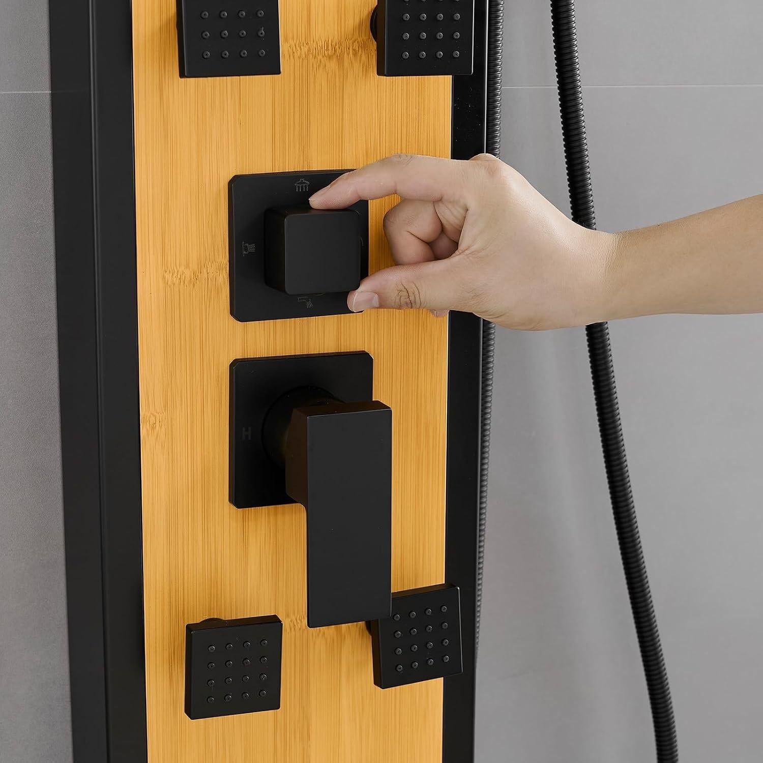 Panel de Ducha BWE Acero Inoxidable 8 Jets Negro y Bambú