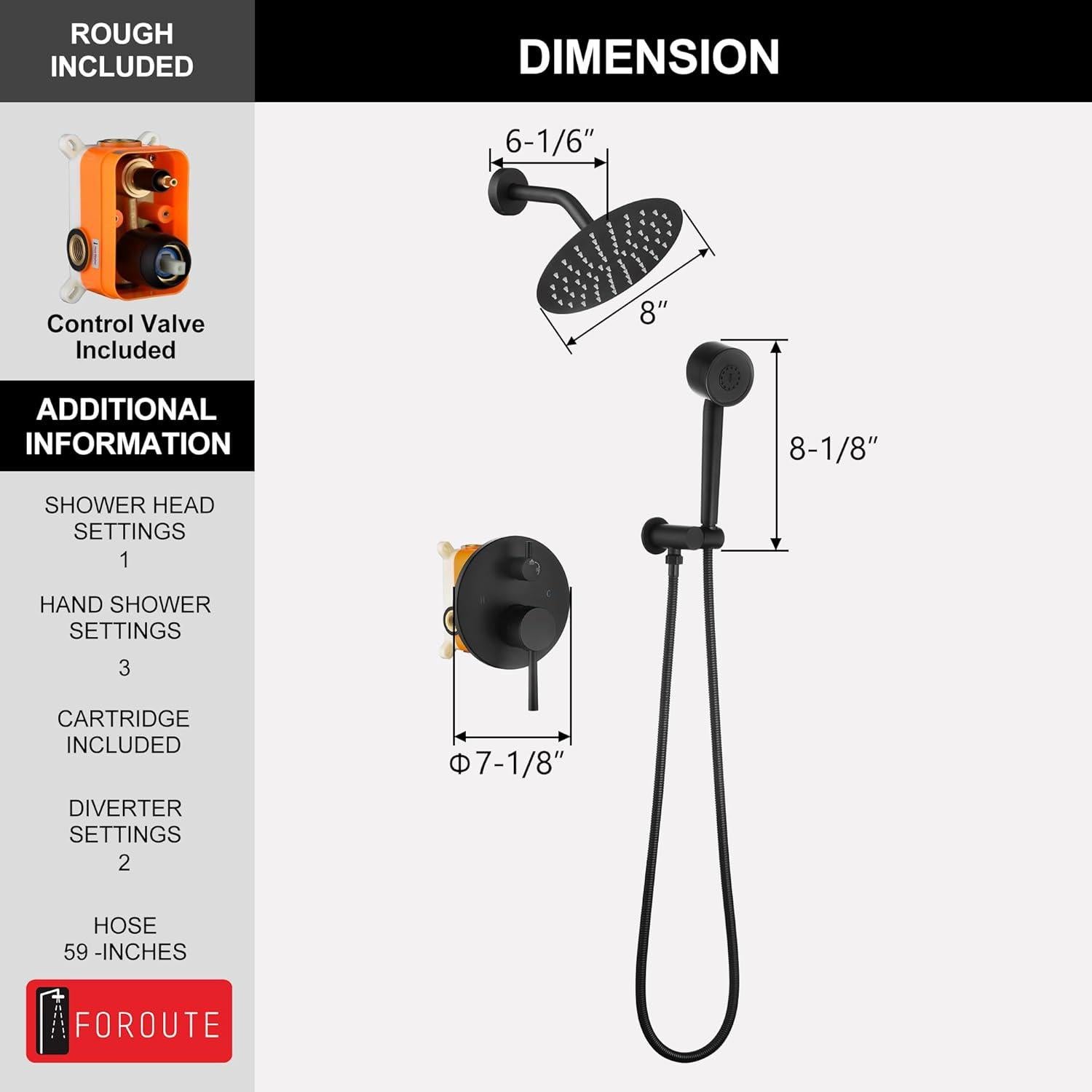 Grifo de Ducha Completo Foroute Negro Mate 8" (20,32 cm)