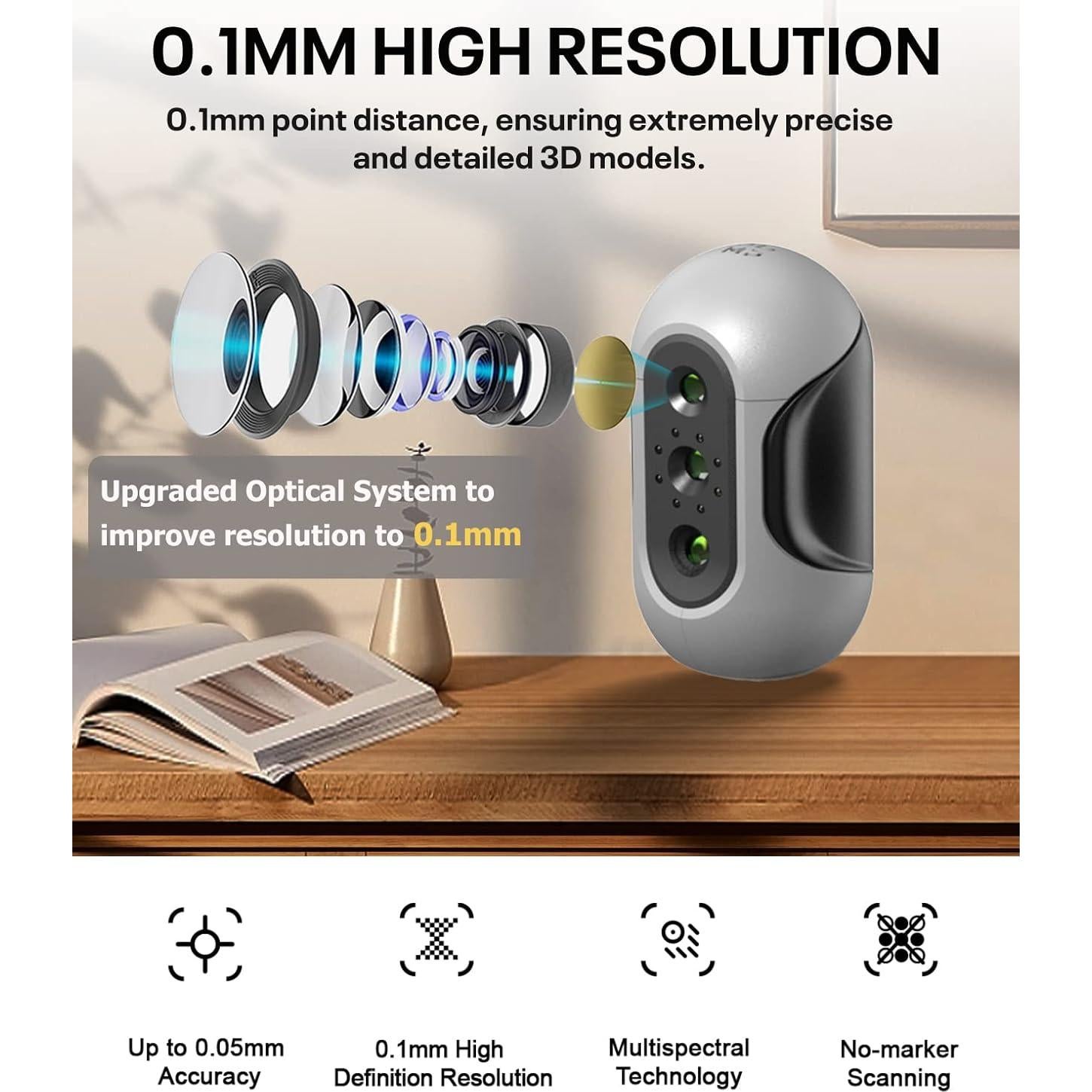 Mole 3D Scanner, 0.1mm Resolution, 0.05mm High Accuracy with 10fps Scan Speed, Supporting Handheld Turntable Dual Modes Black Object Scanning,Compatible with Win10/MasOS (Premium Version)