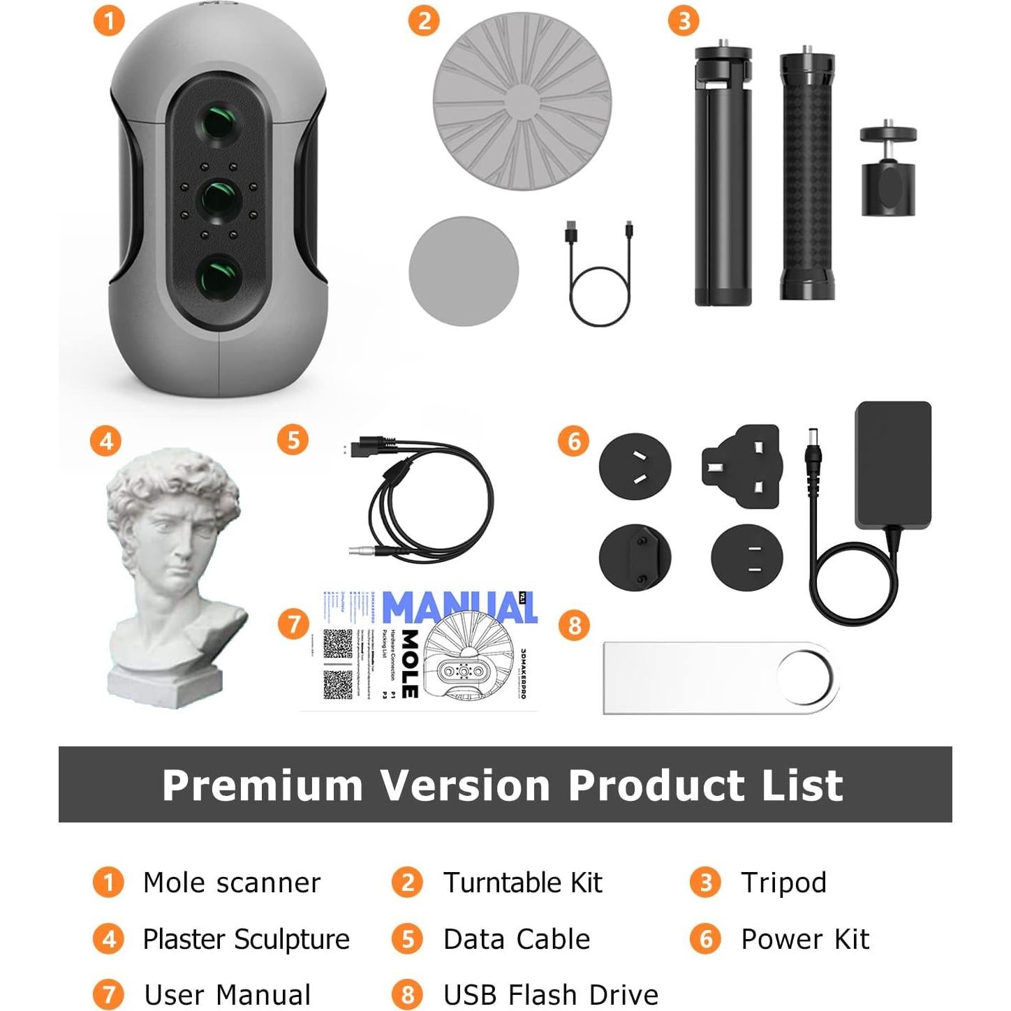 Mole 3D Scanner, 0.1mm Resolution, 0.05mm High Accuracy with 10fps Scan Speed, Supporting Handheld Turntable Dual Modes Black Object Scanning,Compatible with Win10/MasOS (Premium Version)