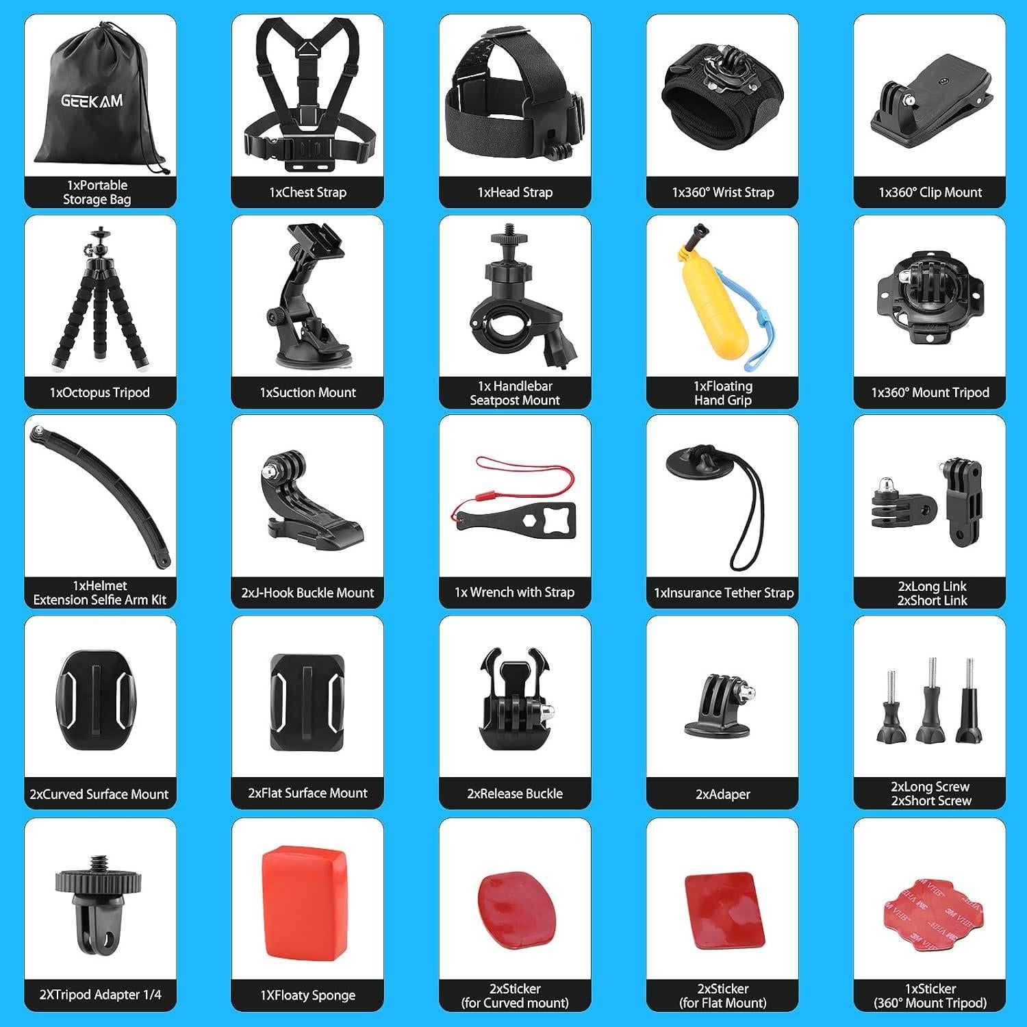 Kit de Accesorios para Cámara de Acción Geekam - 16 Piezas