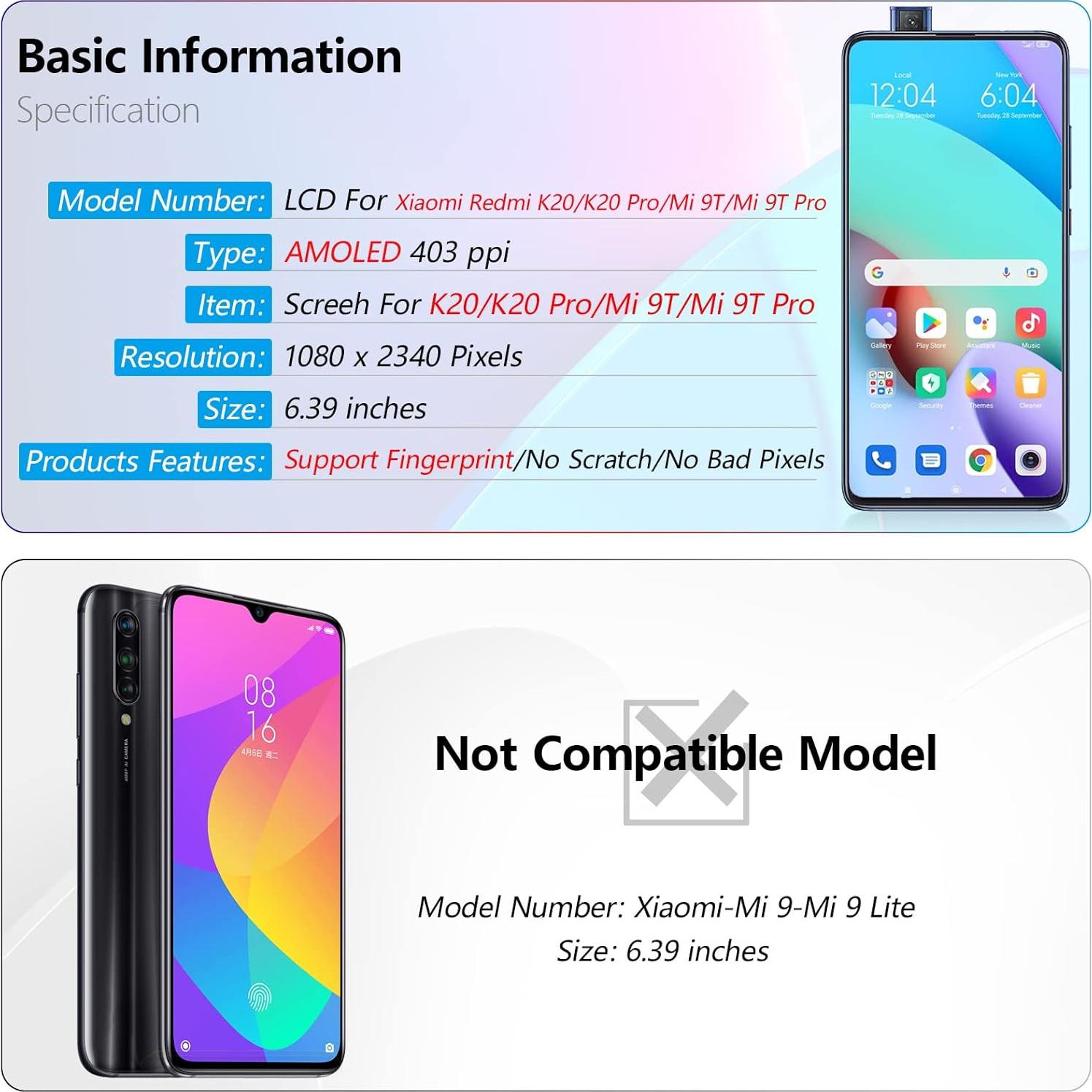 Pantalla AMOLED Reemplazo Xiaomi Mi 9T Pro K20 Negro
