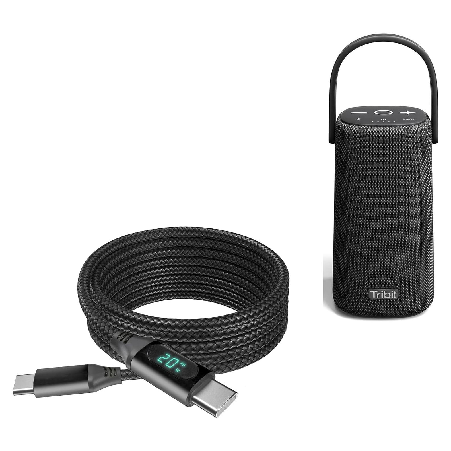 Cable Compatible with Tribit StormBox Pro - PowerDisplay PD Cable (6ft) - USB-C to USB-C (100W), LED Wattage Info Extra Long Braided Nylon - Jet Black