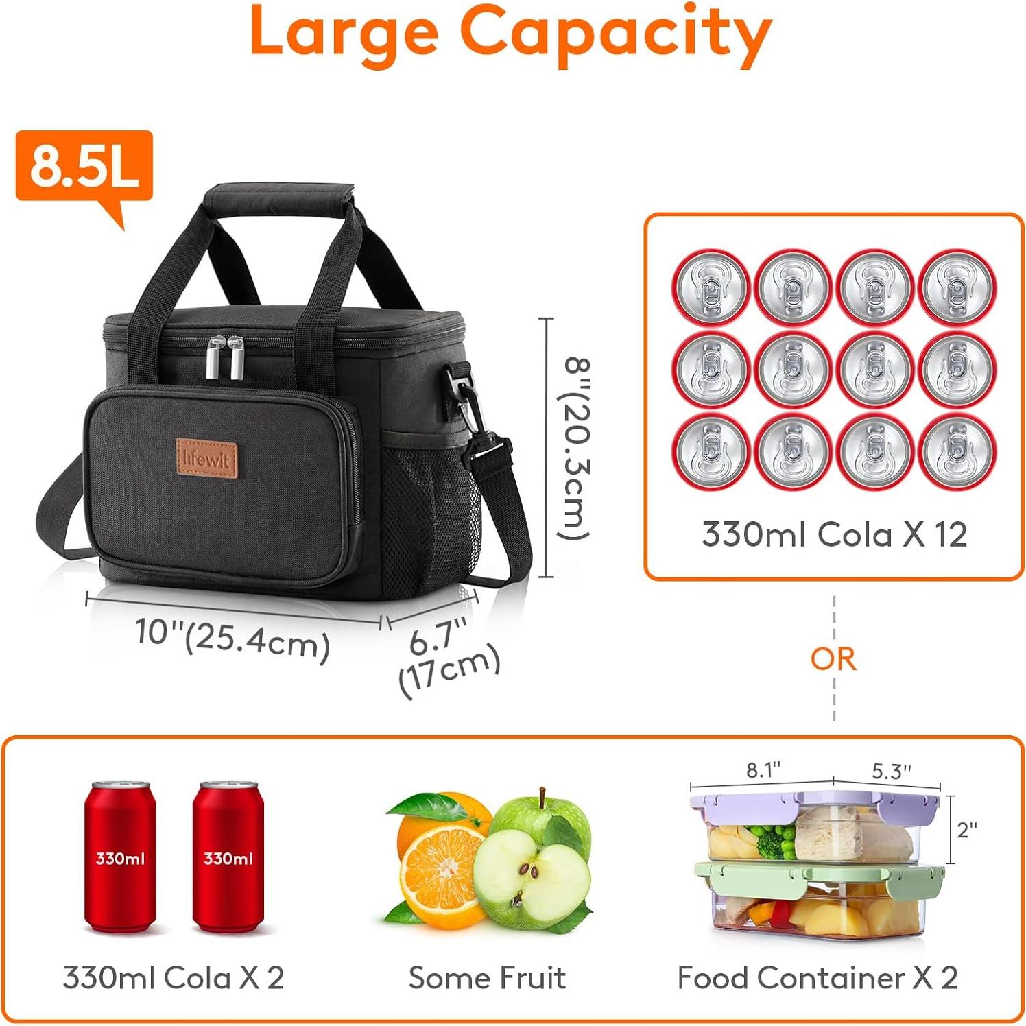 Bolsa de Almuerzo Aislante Lifewit 8.5L Negra para Adultos