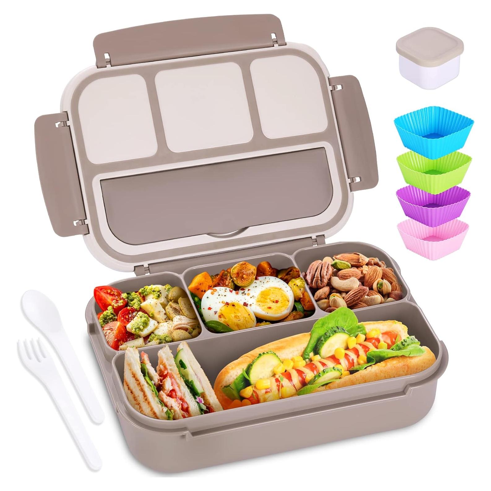 Caja Bento Almuerzo 1200ml Marrón con 4 Compartimentos y Utensilios