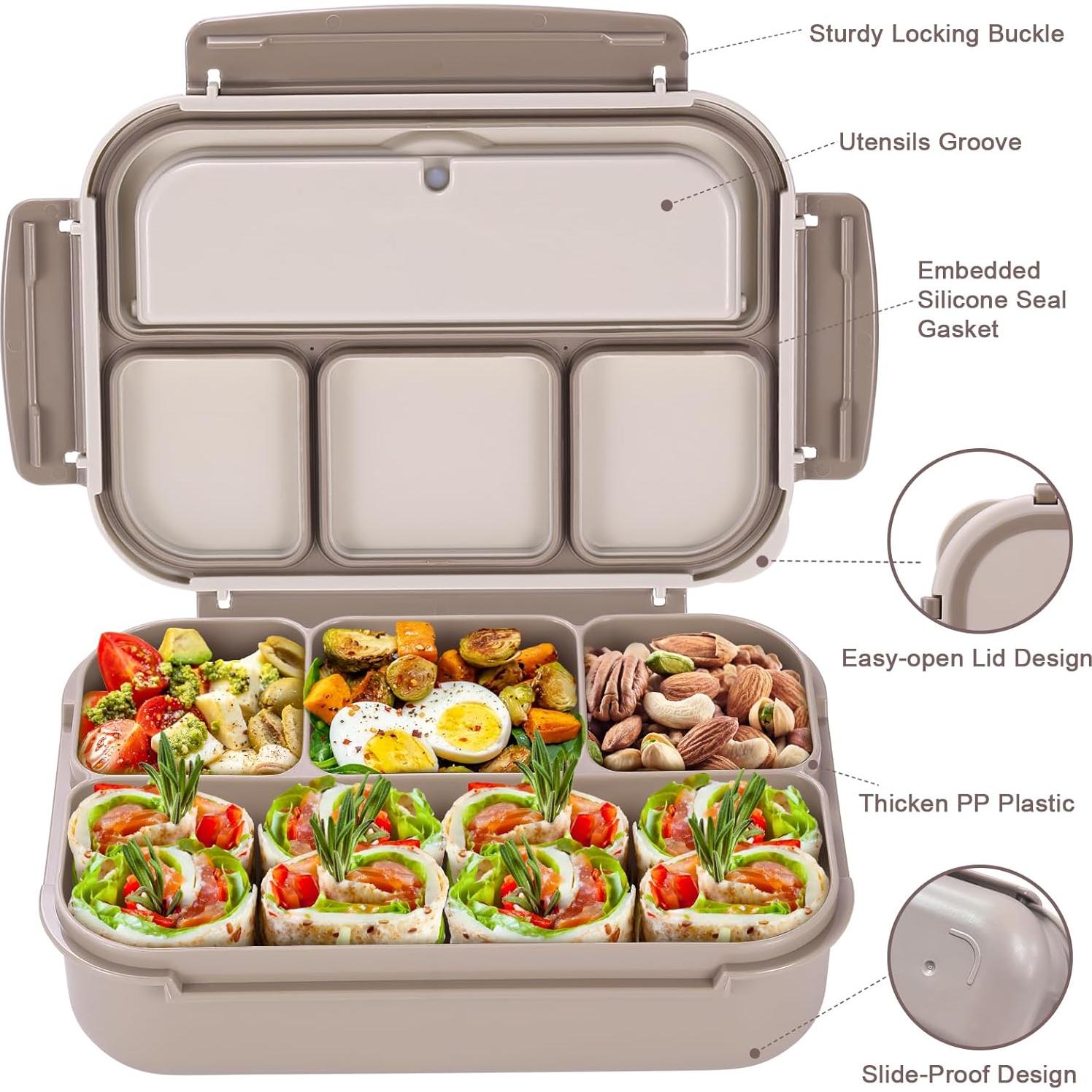 Caja Bento Almuerzo 1200ml Marrón con 4 Compartimentos y Utensilios